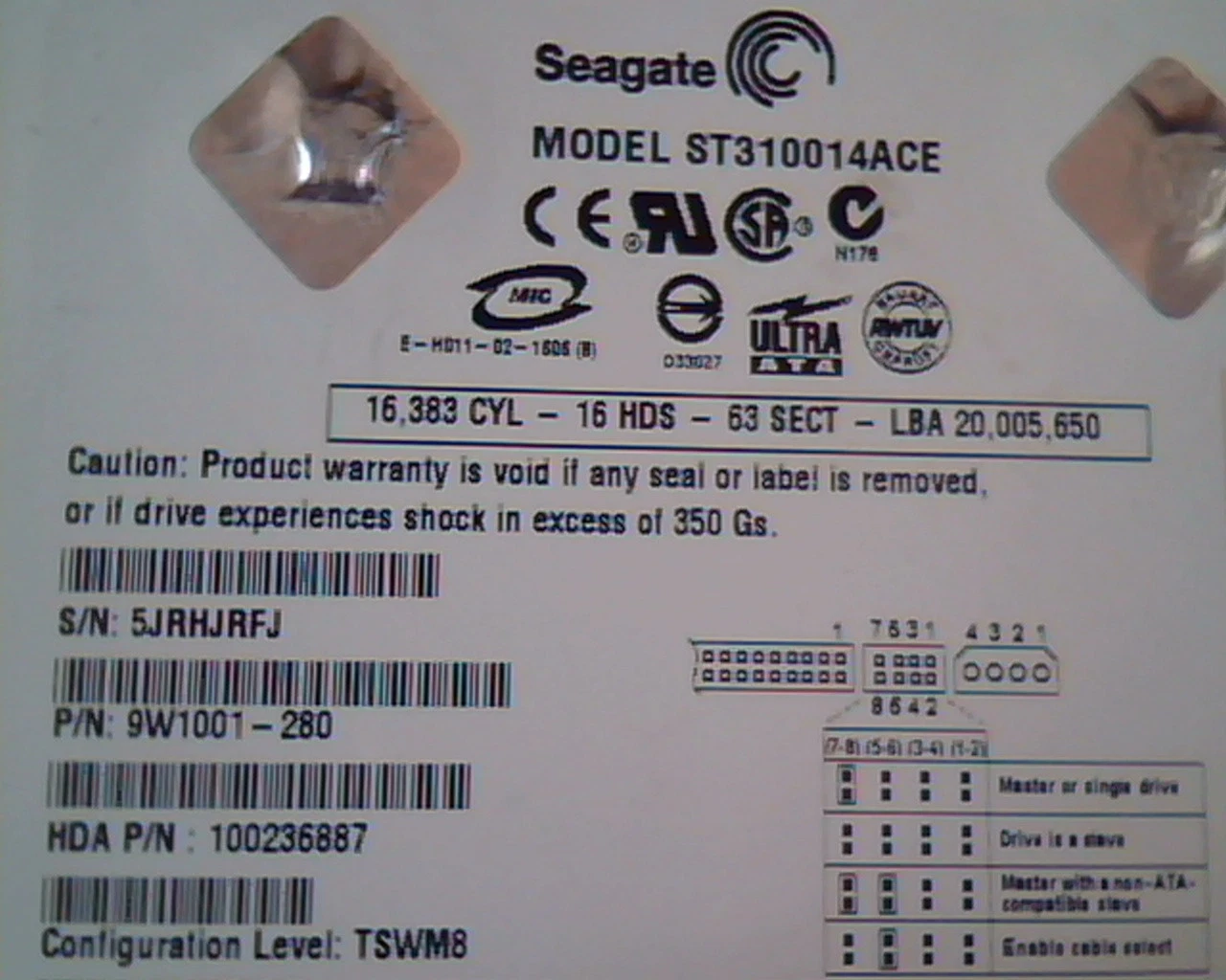 Hard Disk Drive IDE Seagate ST310014ACE 9W1001-280 100236887 ZAV01 - image 3