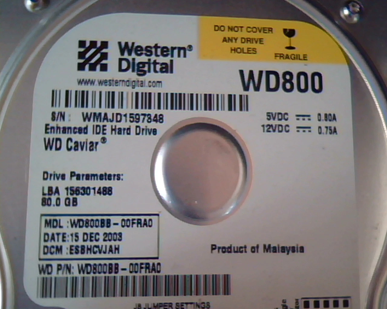 Hard Disk Drive IDE Western Digital Caviar WD800BB-00FRA0 WD800 ESBHCVJAH