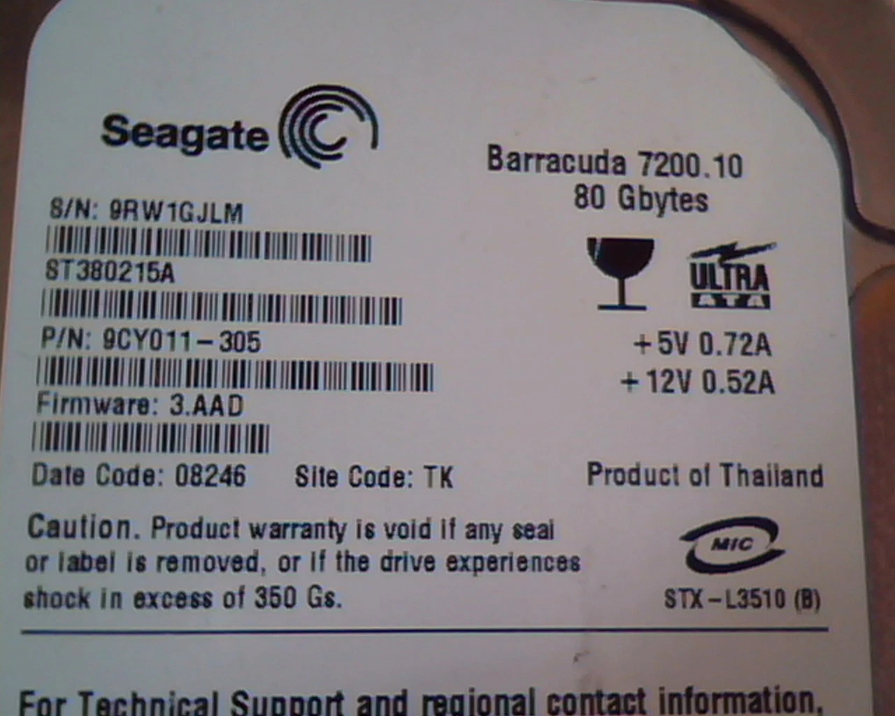 Hard Disk Drive IDE Seagate Barracuda 7200.10 80GB 3.AAD ST380215A 9CY011-305