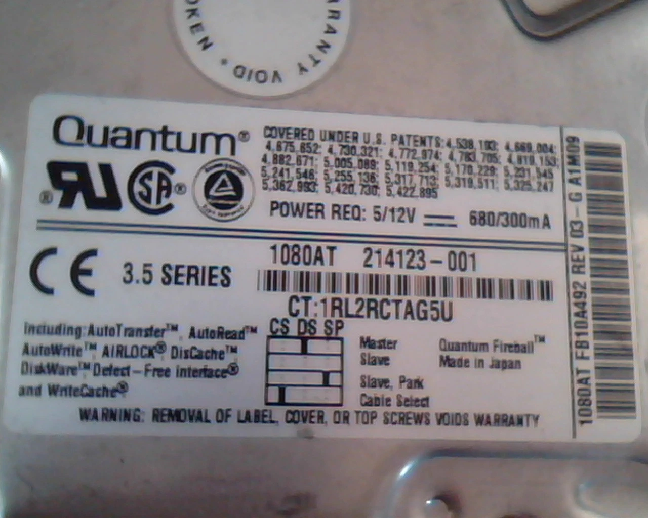 Hard Disk Drive IDE Quantum FB10A492 03-G A1M09 1080AT FB10A011 214123-001