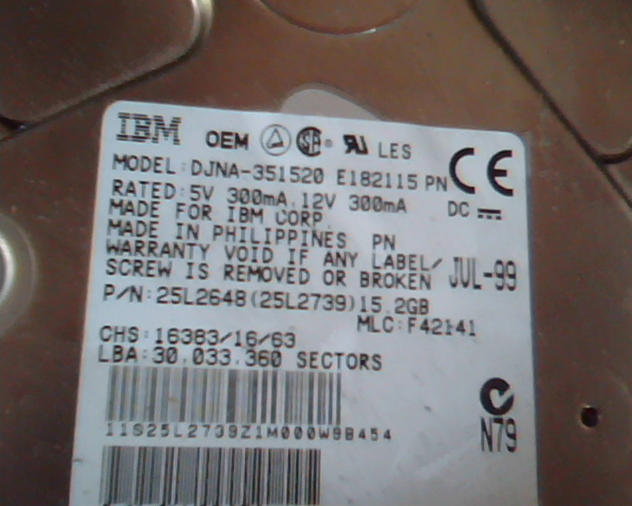 Hard Disk Drive IDE IBM DJNA-351520 E182115 PN F42141 25L2648 25L2739