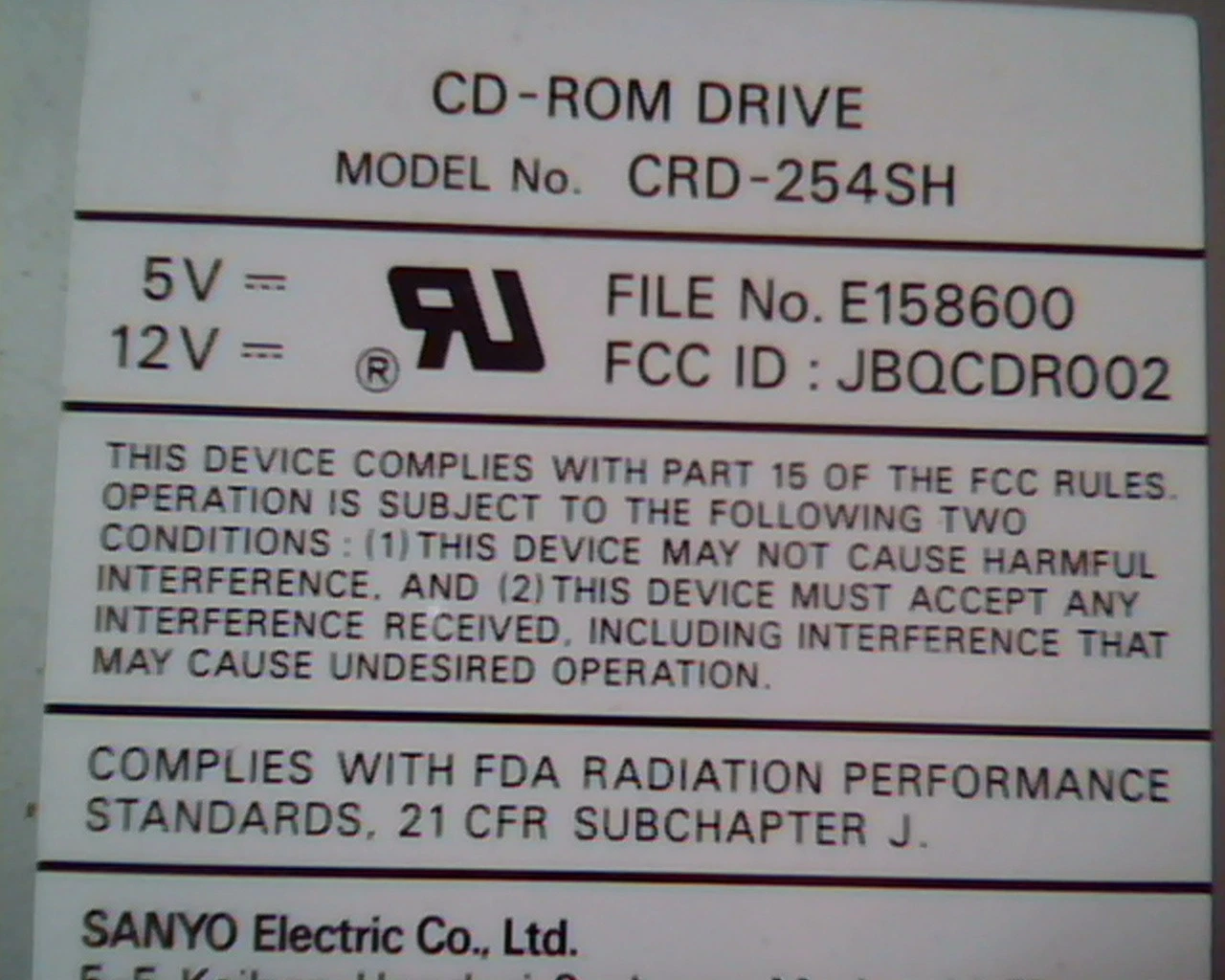 CD-ROM Drive Sanyo CRD-254SH E158600 JBQCDR002 August 1992 1.05 SCSI - image 3