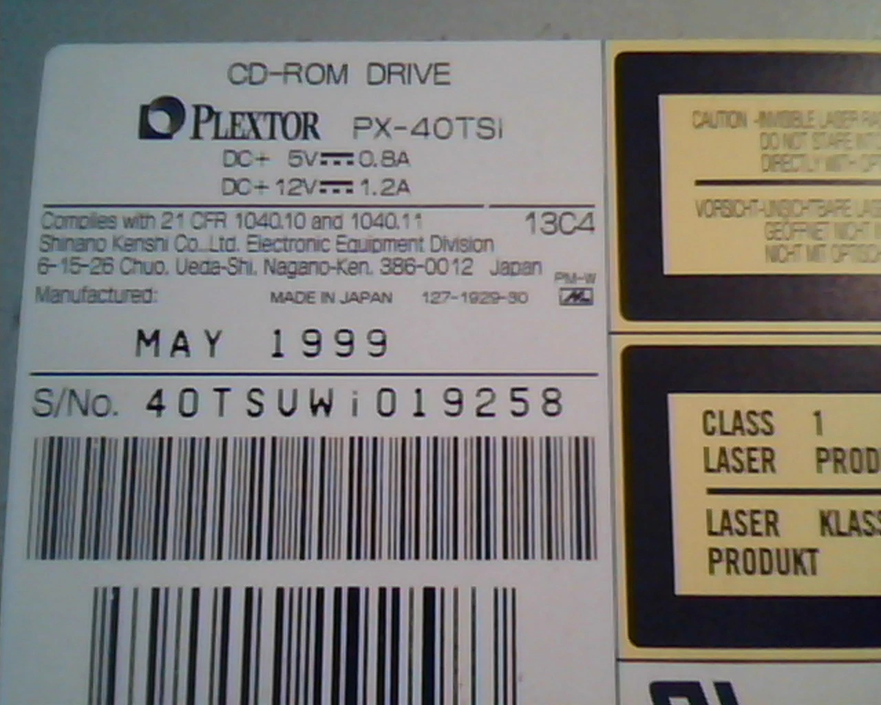 CD-ROM Drive Plextor PX-40TSi UltraPlex Wide May 1999 0001 LR92957 SCSI - image 2