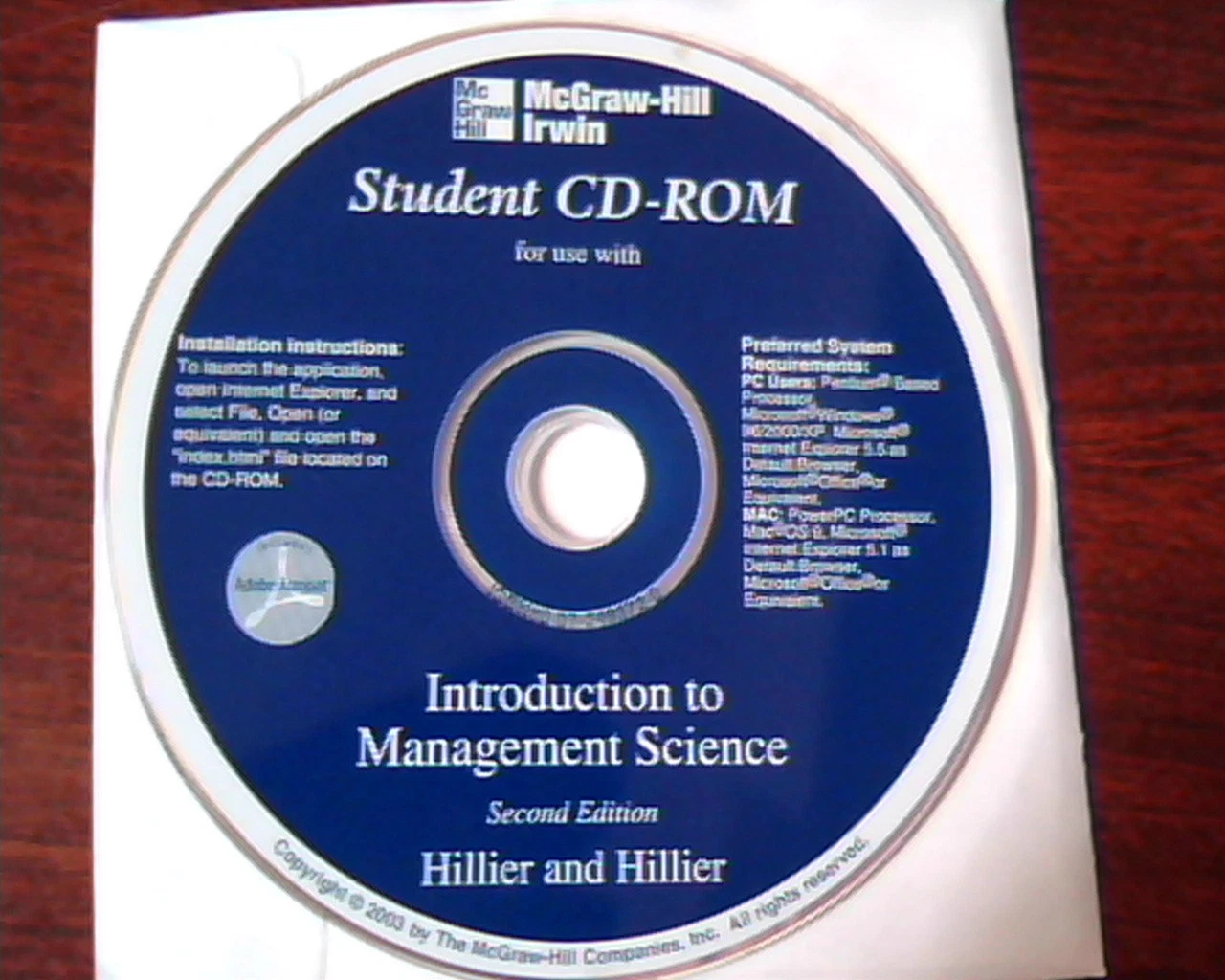 McGraw-Hill Irwin Student CD-ROM Introduction to Management Science Hillier 2nd