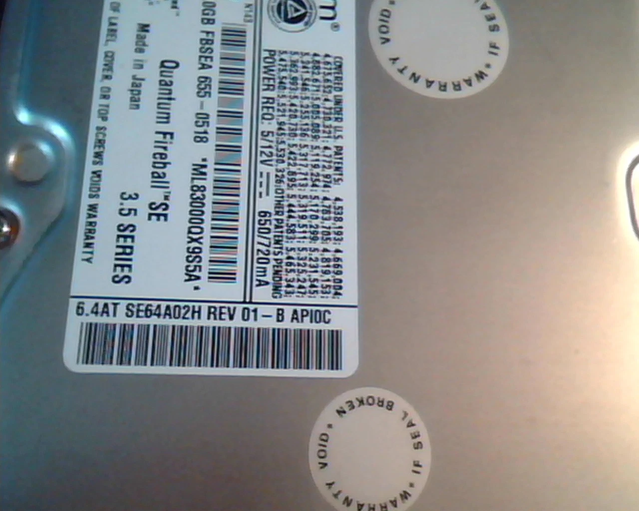 Hard Disk Drive IDE Quantum Fireball SE SE64A011 01-B SE64A02H 6.4AT APIOC - image 2
