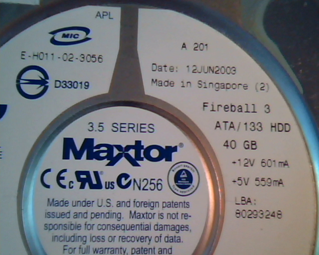 Hard Disk Drive IDE Maxtor Fireball 3 40GB E-H011-02-3056 80293248 ATA/133