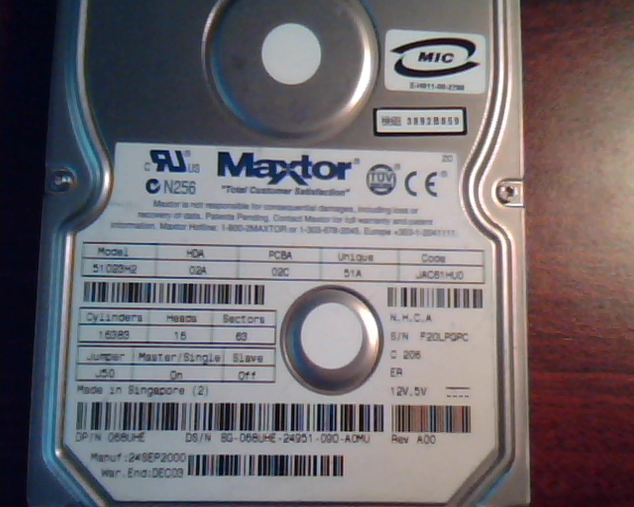 Hard Disk Drive IDE Maxtor 51023H2 02A 02C 51A JAC61HUO 068UHE A00 HDD
