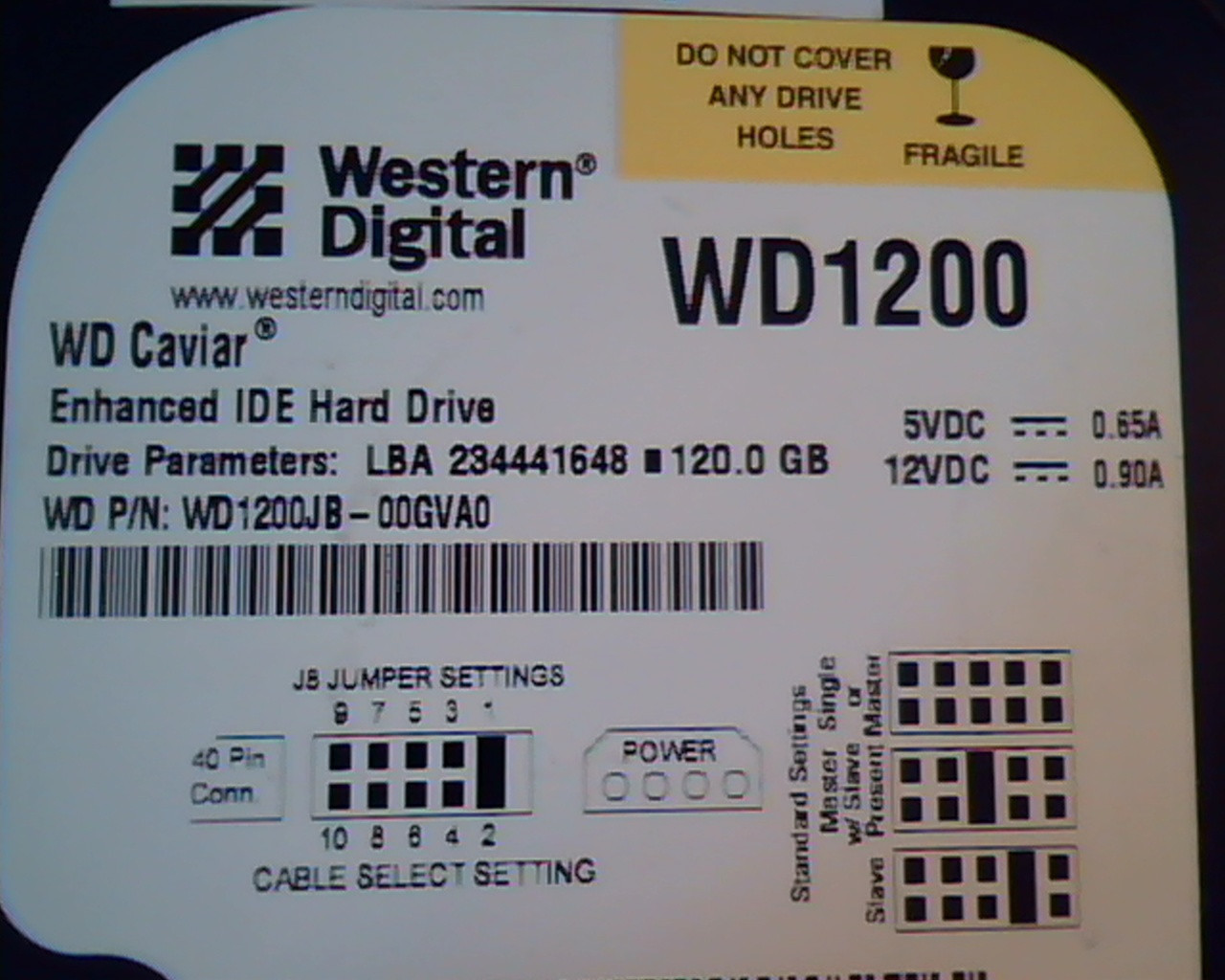 Hard Disk Drive IDE WD Caviar WD1200 JB-00GVA0 120GB 234441648 HSCHCTJCH