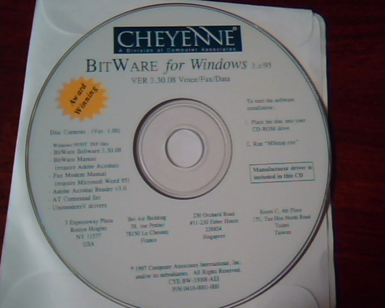 CD Cheyenne BitWare for WIndows Ver 3.30.08 Voice Fax Data Manual drivers 95