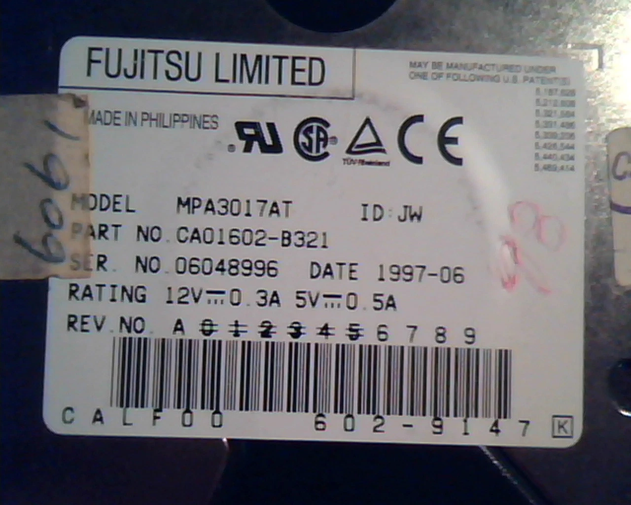 Hard Disk Drive IDE Fujitsu Limited MPA3017AT CA01602-B321 0101562-A