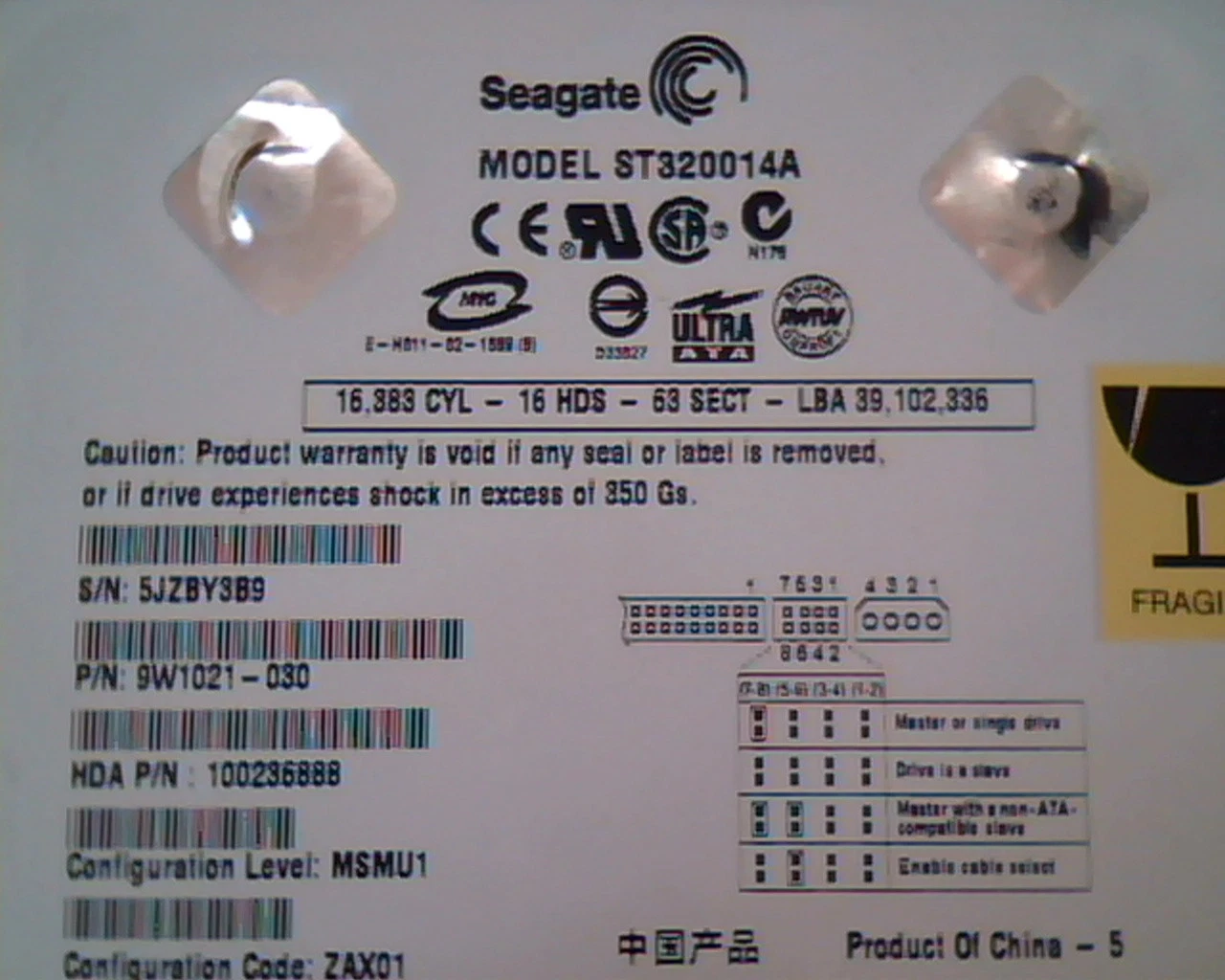 Hard Disk Drive IDE Seagate ST320014A 9W1021-030 100236888 MSMU1 292050-001