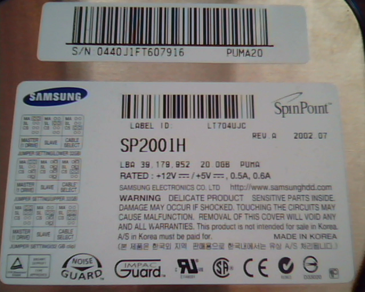 Hard Disk Drive IDE Samsung SpinPoint SP2001H 20GB Rev A PUMA20 2002.07