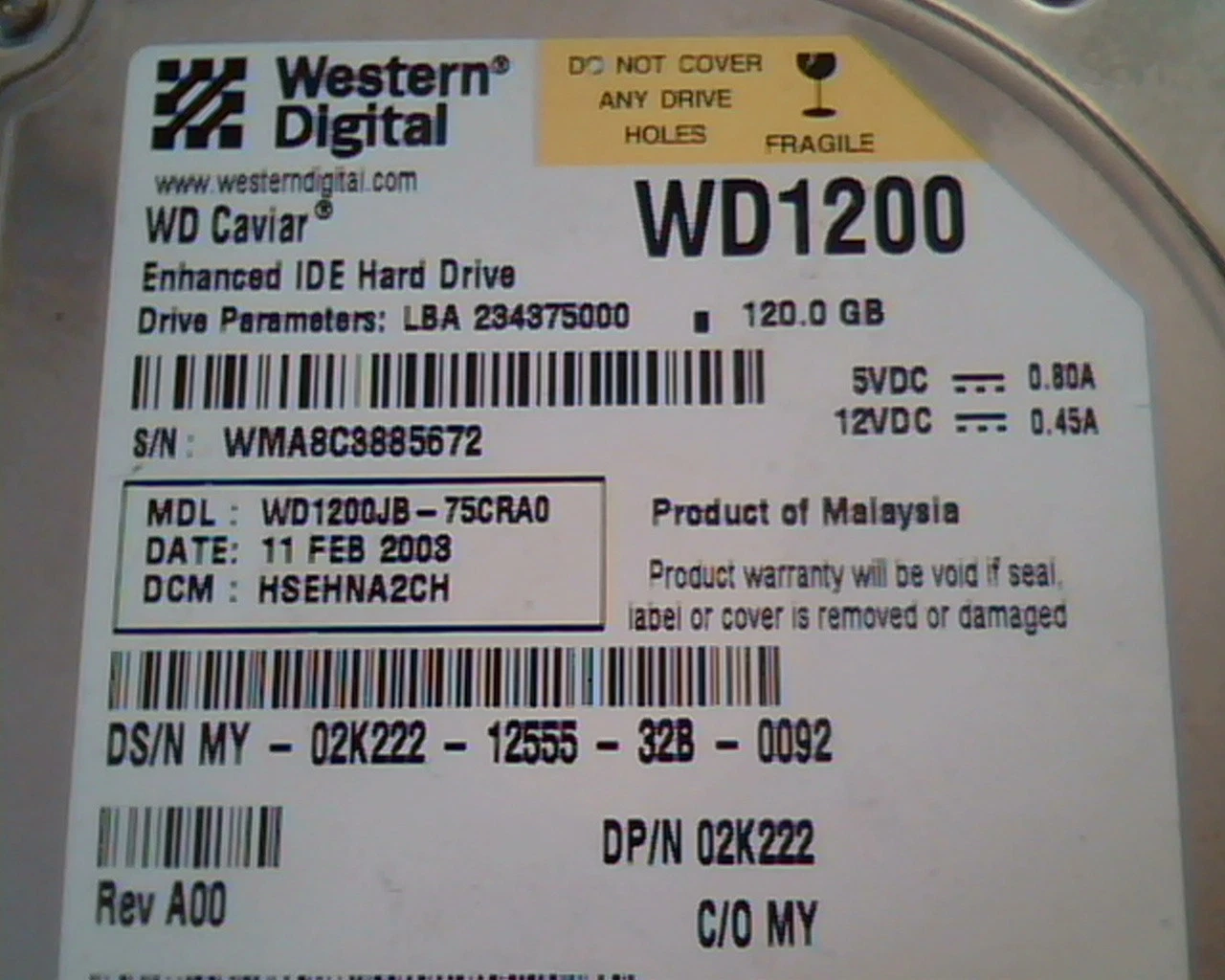 Hard Disk Drive IDE Western Digital Caviar WD1200 WD1200JB-75CRA0 02K222 120GB
