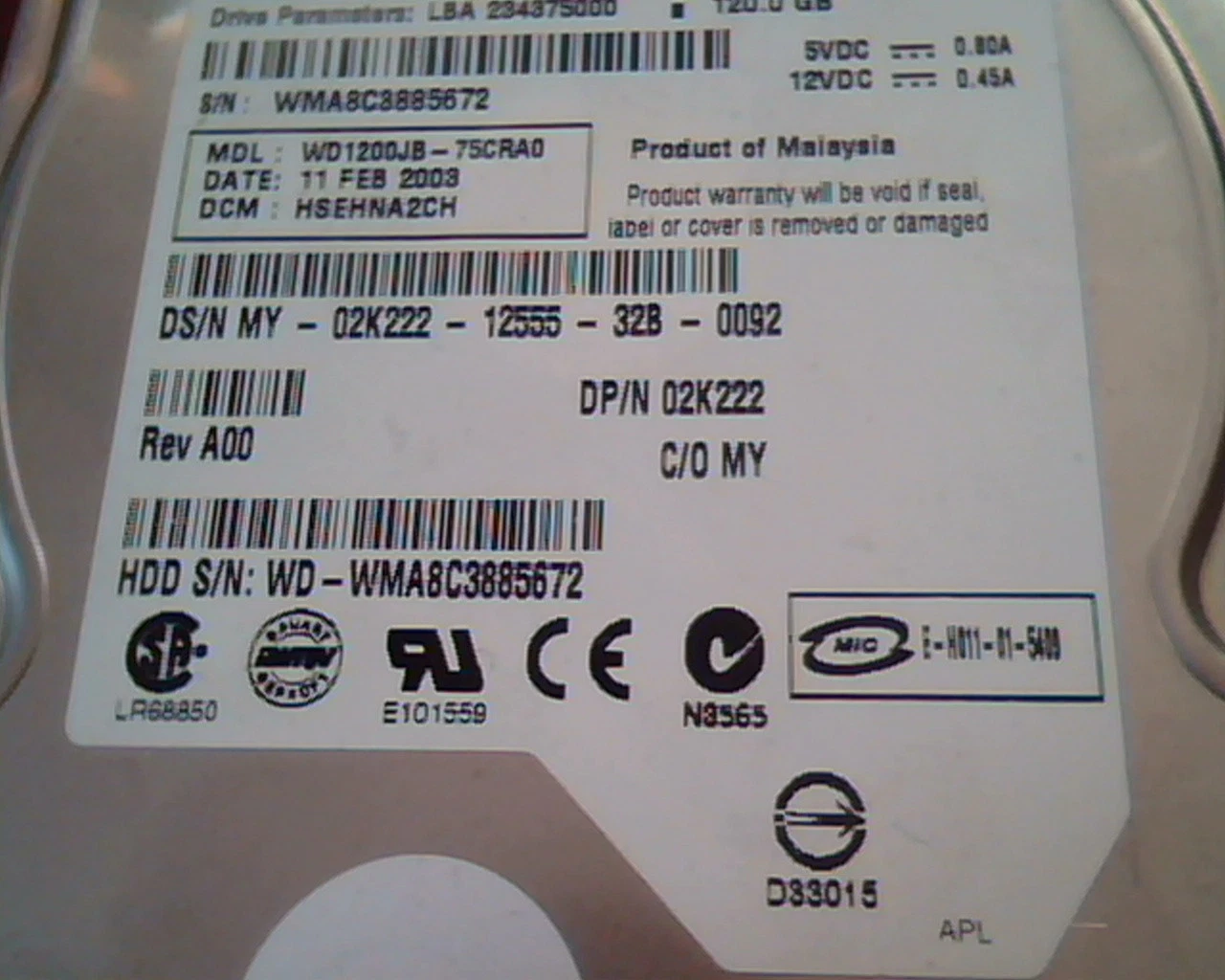 Hard Disk Drive IDE Western Digital Caviar WD1200 WD1200JB-75CRA0 02K222 120GB - image 2
