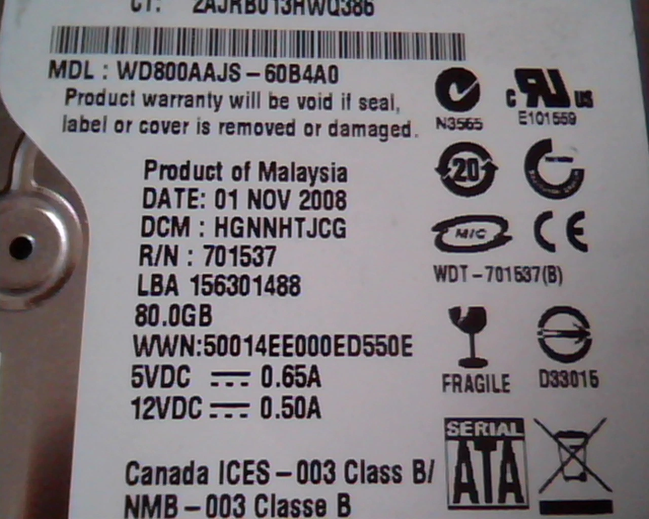 Hard Drive Disk SATA Western Digital WD800AAJS Caviar SE 493715-001 80GB - image 3