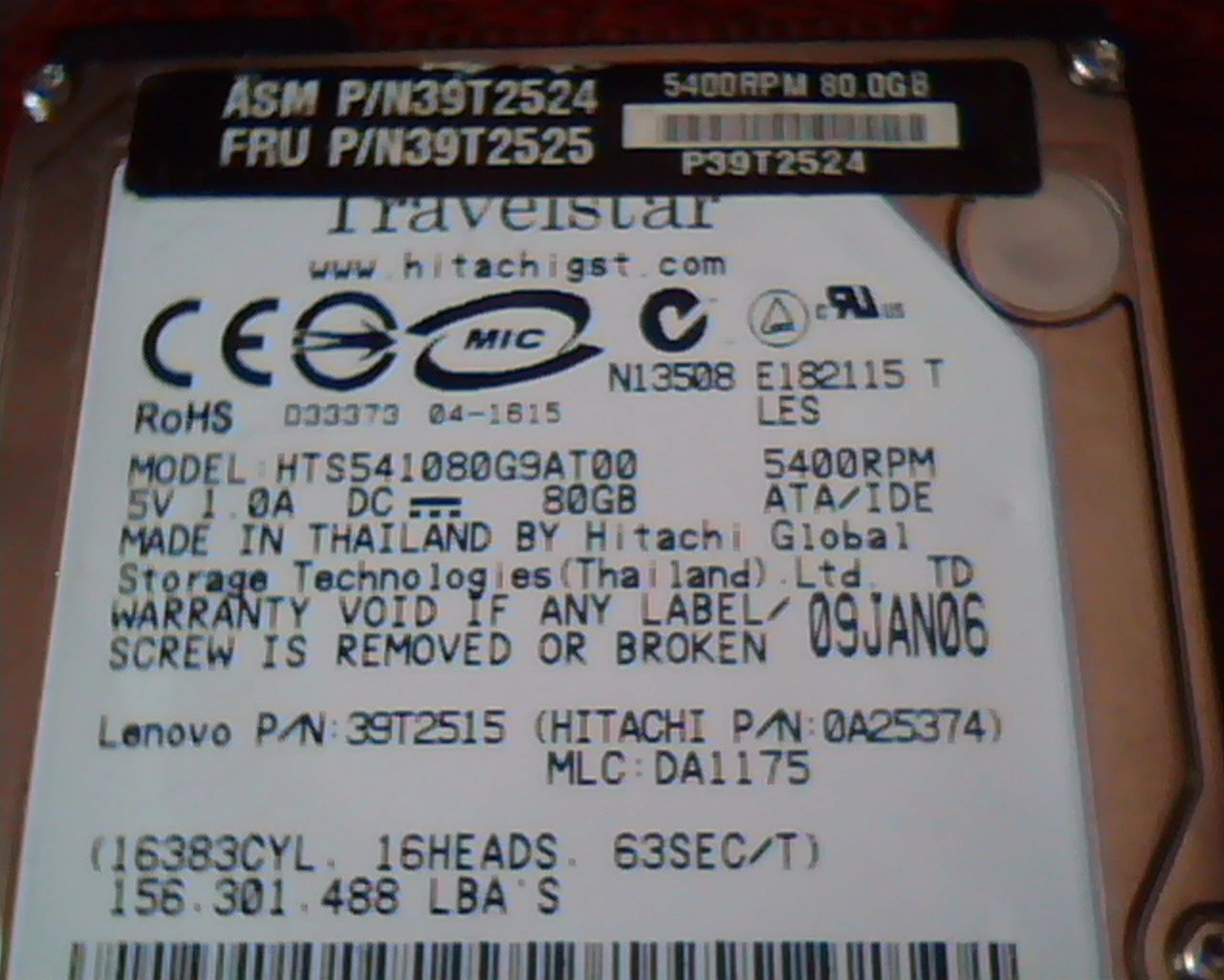 2.5 Hard Disk Drive Travelstar HTS541080G9AT00 IDE 39T2515 DA1175 80GB - image 2