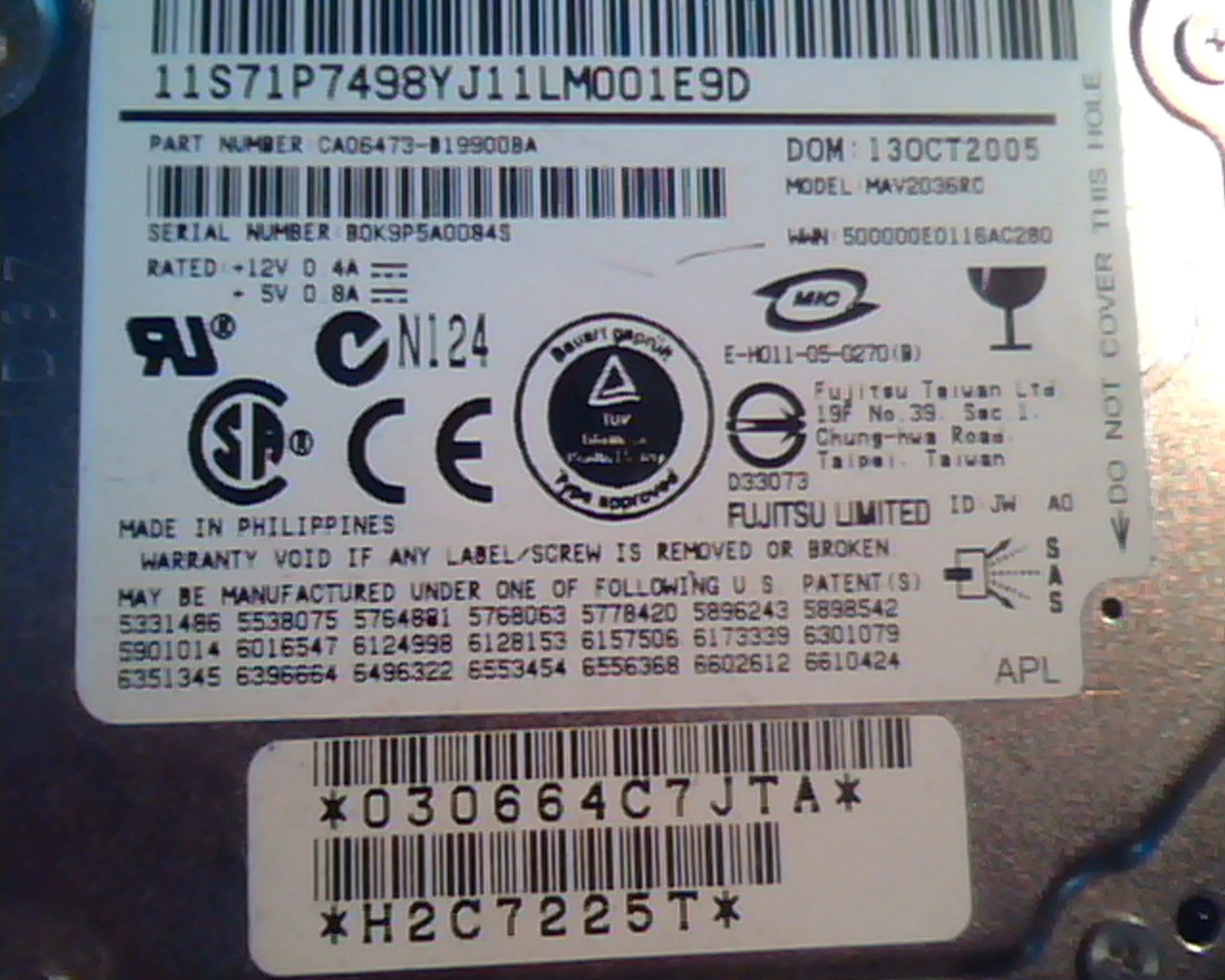 Hard Drive SAS 2.5" IBM 36GB 26K5654 Fujitsu CA06473-B19900BA 26K5261 MAV2036RC - image 3