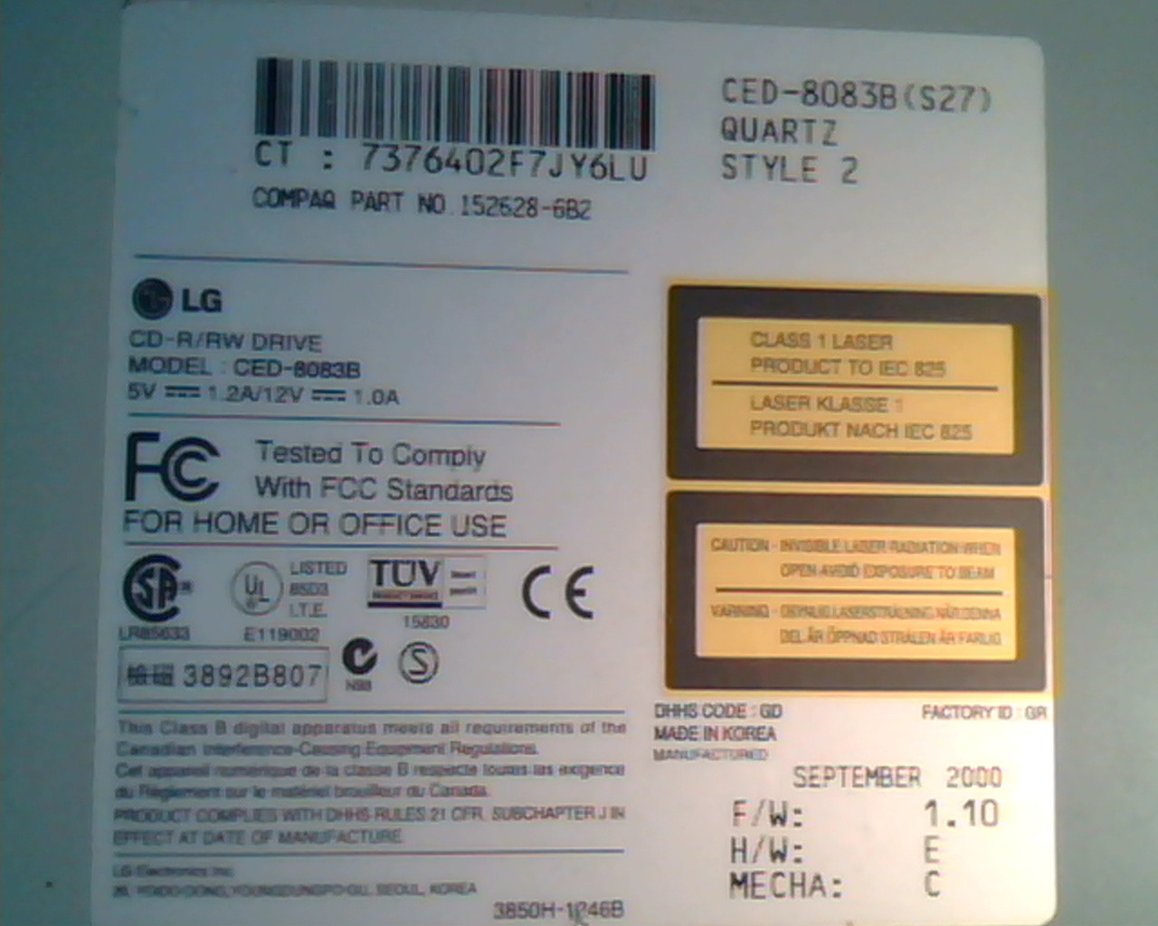 LG CD-R/RW Drive CED-8083B Quartz 152628-6B2 1.10 Sept2000 Compaq 3850H-1246B - image 2