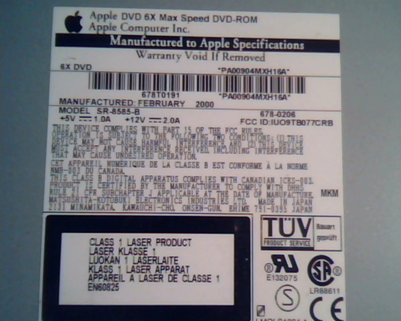 Apple DVD 6X Max Speed DVD-ROM Drive SR-8585-B 678-0206 Feb2000 IUO9TB077CRB - image 2
