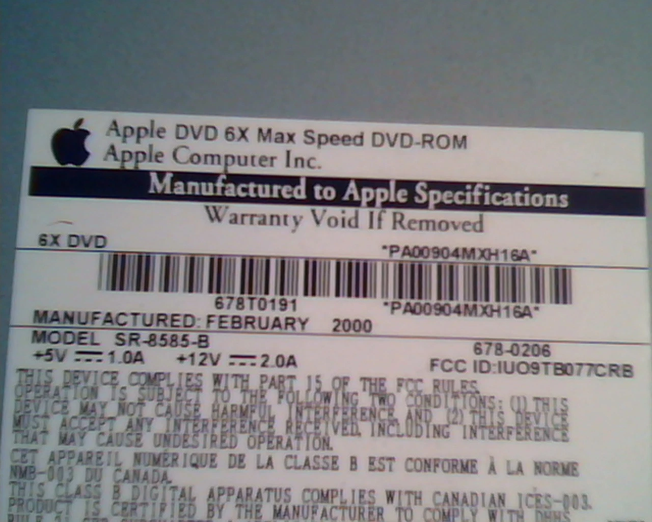 Apple DVD 6X Max Speed DVD-ROM Drive SR-8585-B 678-0206 Feb2000 IUO9TB077CRB - image 3