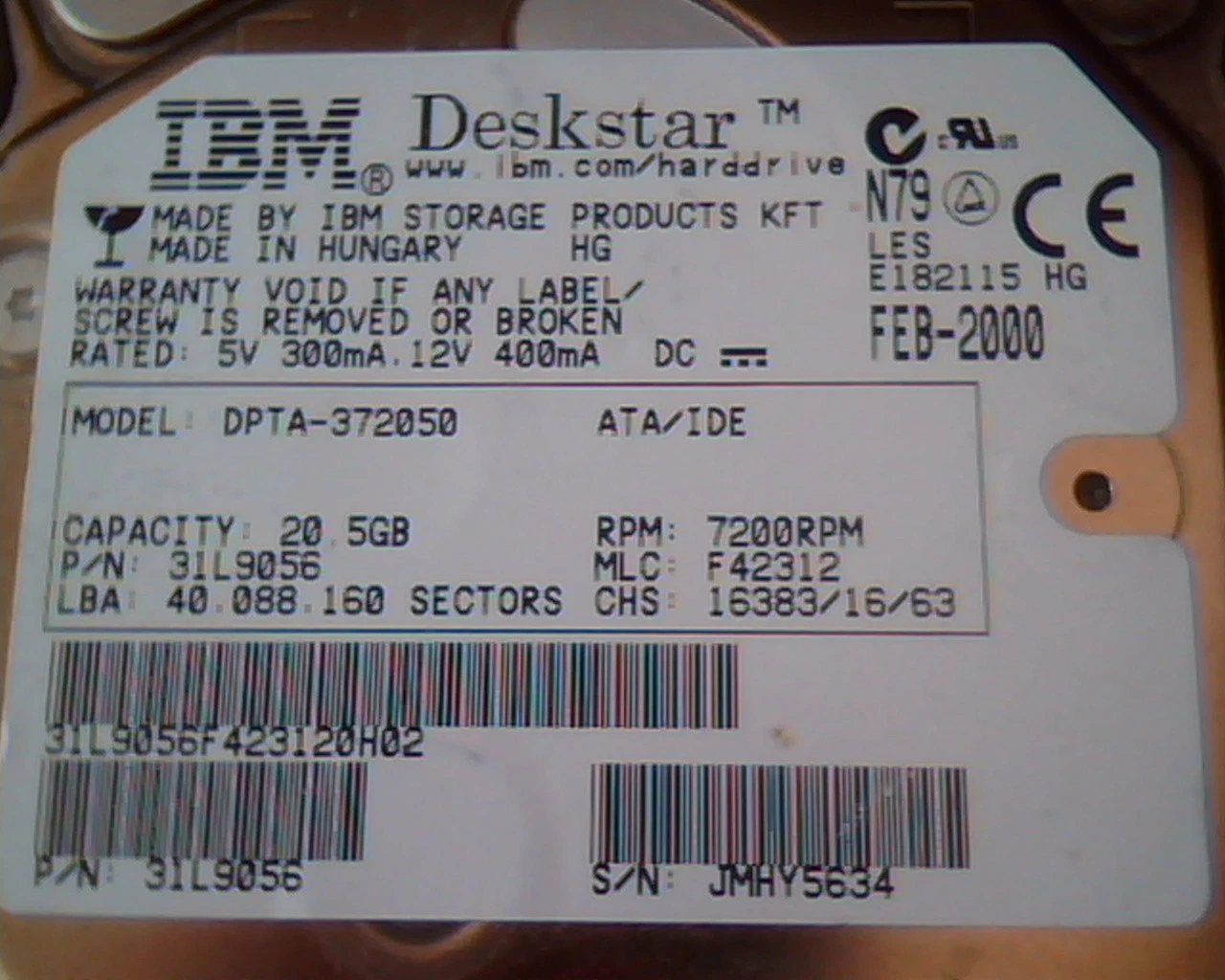 Hard Drive Disk IDE IBM Deskstar DPTA-372050 20.5GB 31L9056 F42312 7200RPM - image 2
