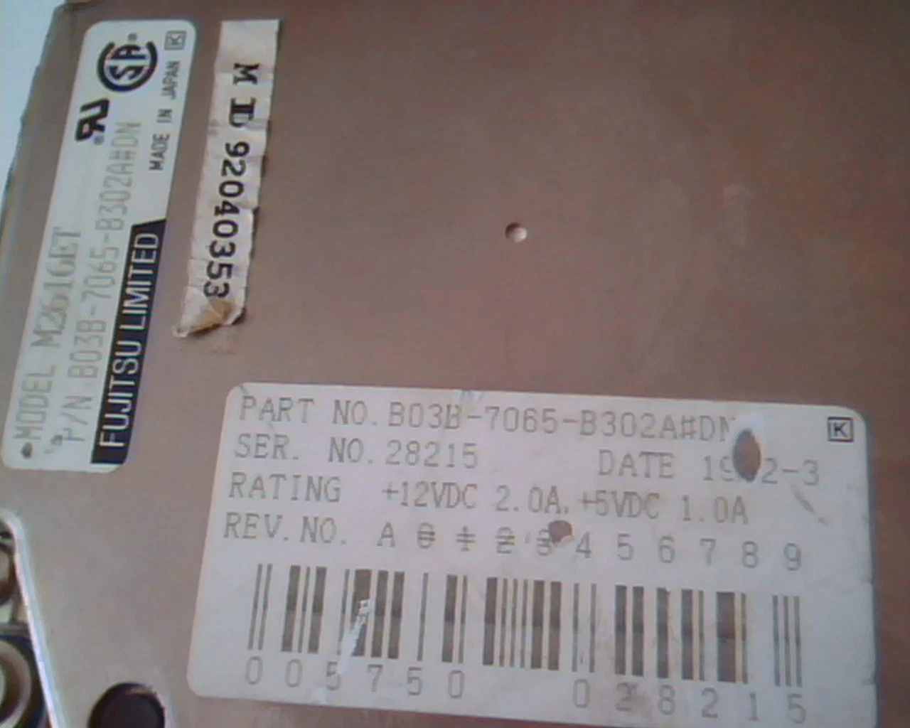 Hard Drive Disk IDE Fujitsu Limited M2616ET B03B-7065-B302A#DN 1992-3 Label G - image 2