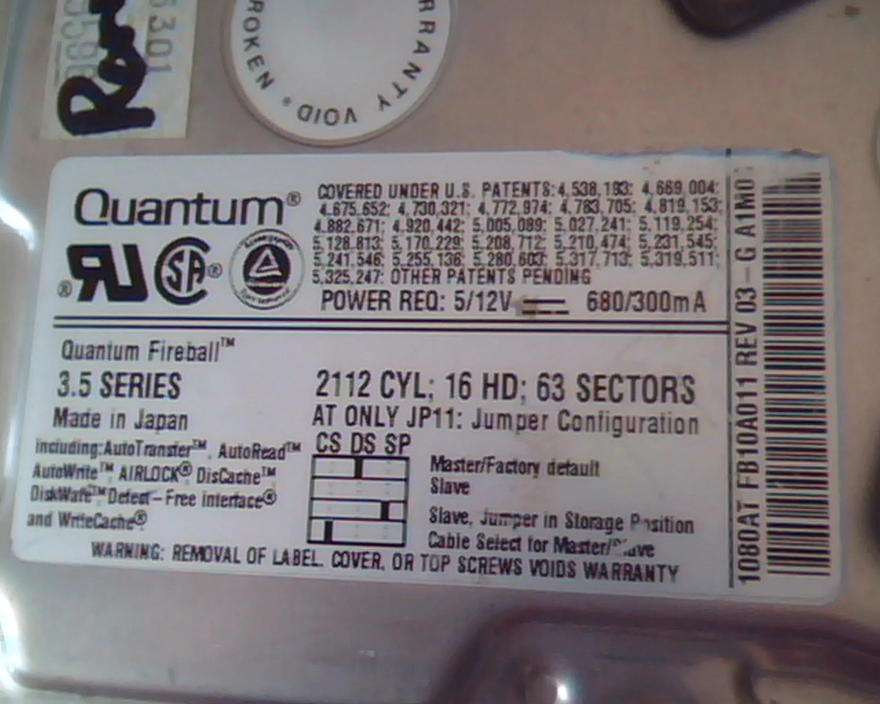 Hard Drive Disk IDE Quantum Fireball FB10A011 03-G 1080AT 20-10603A1M09 - image 2