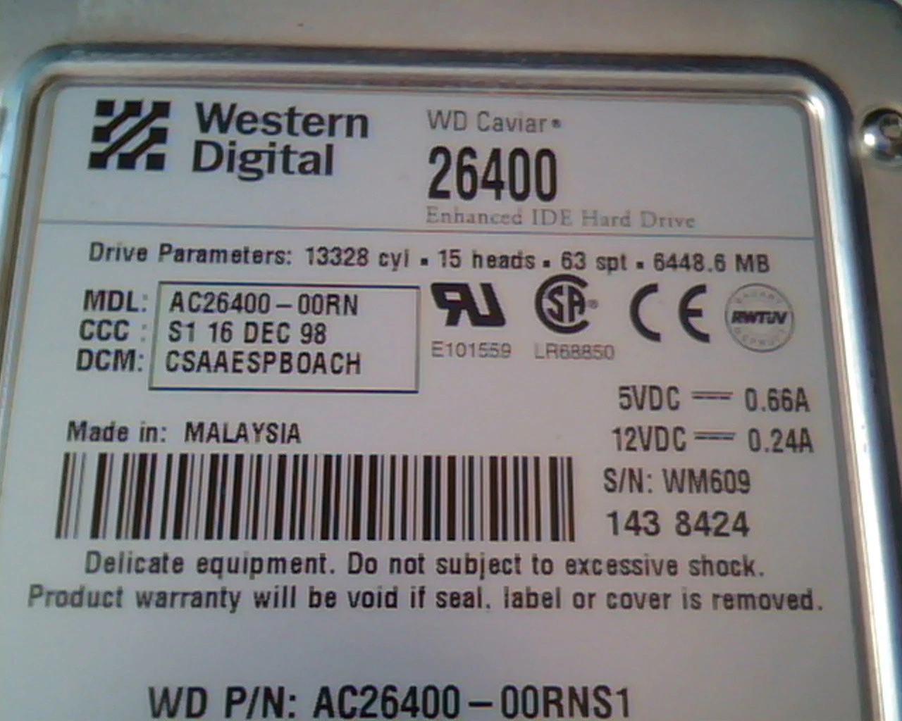 Hard Drive Disk IDE Western Digital 26400 AC26400-00RN CSAAESPBOACH DEC 98 - image 2