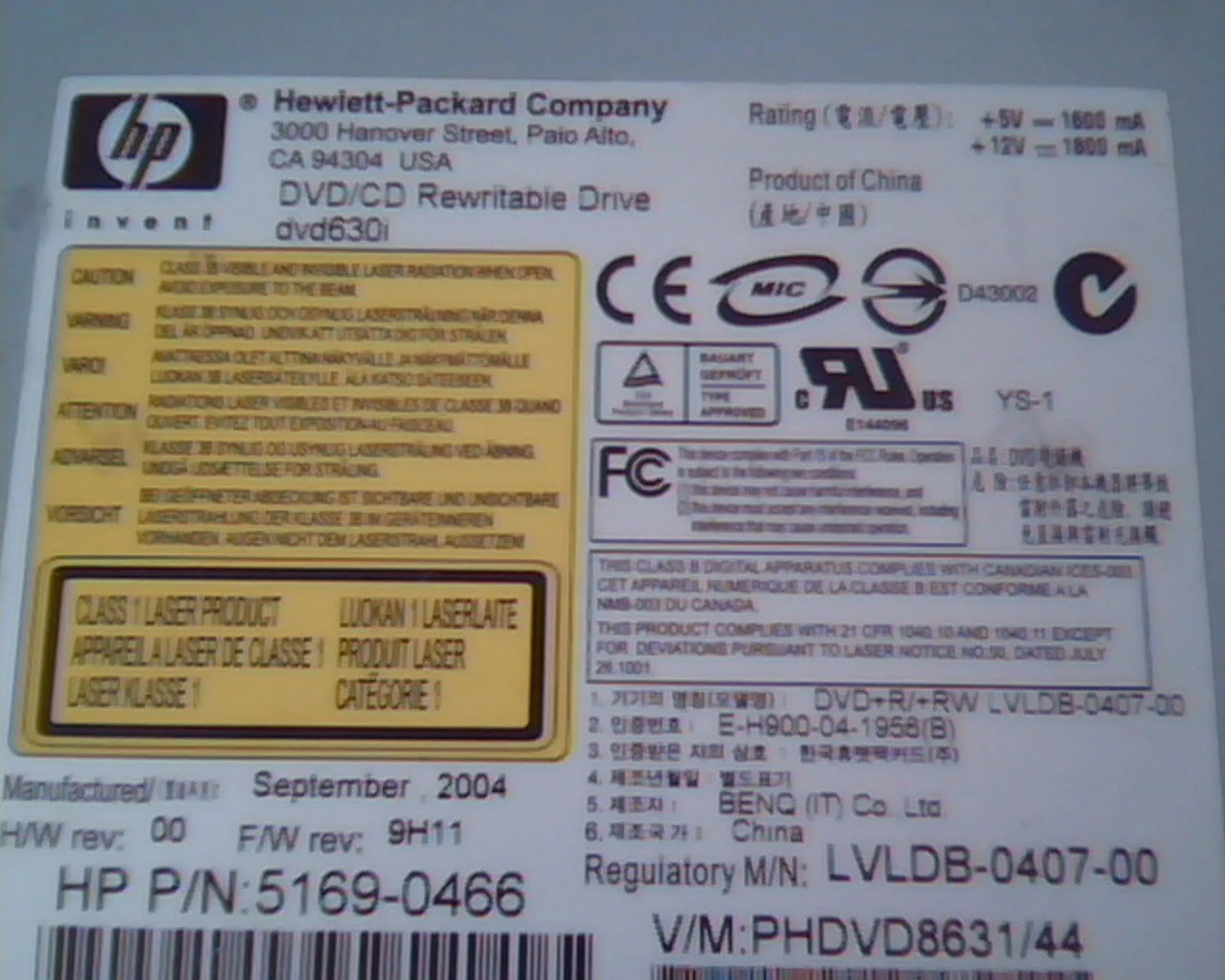 HP DVD/CD Rewritable Drive 5169-0466 dvd630i 9H11 00 DVD8631/44 September 2004 - image 2