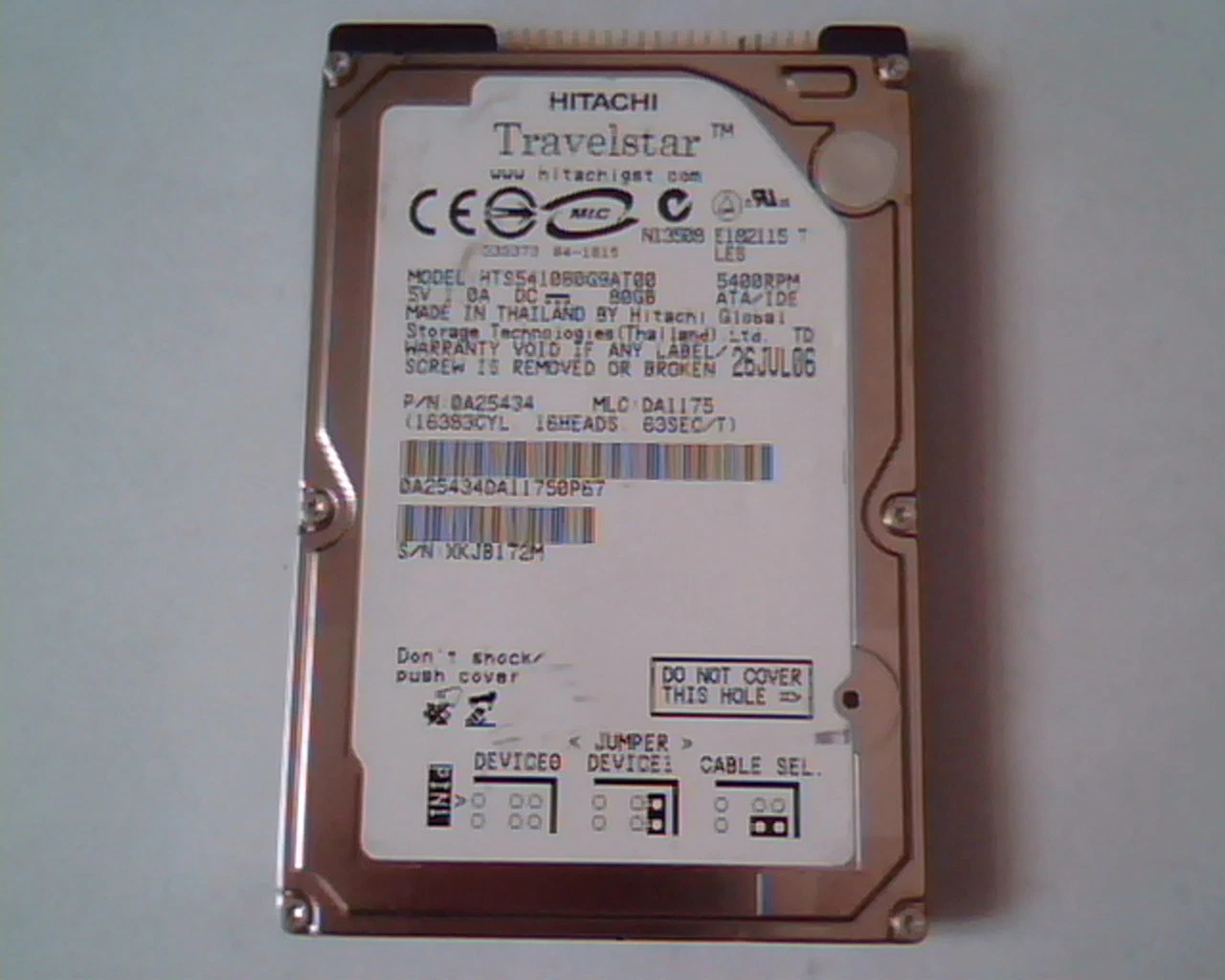2.5 Hard Disk Drive Hitachi Travelstar HTS541080G9AT00 IDE 80GB 0A25434 DA1175