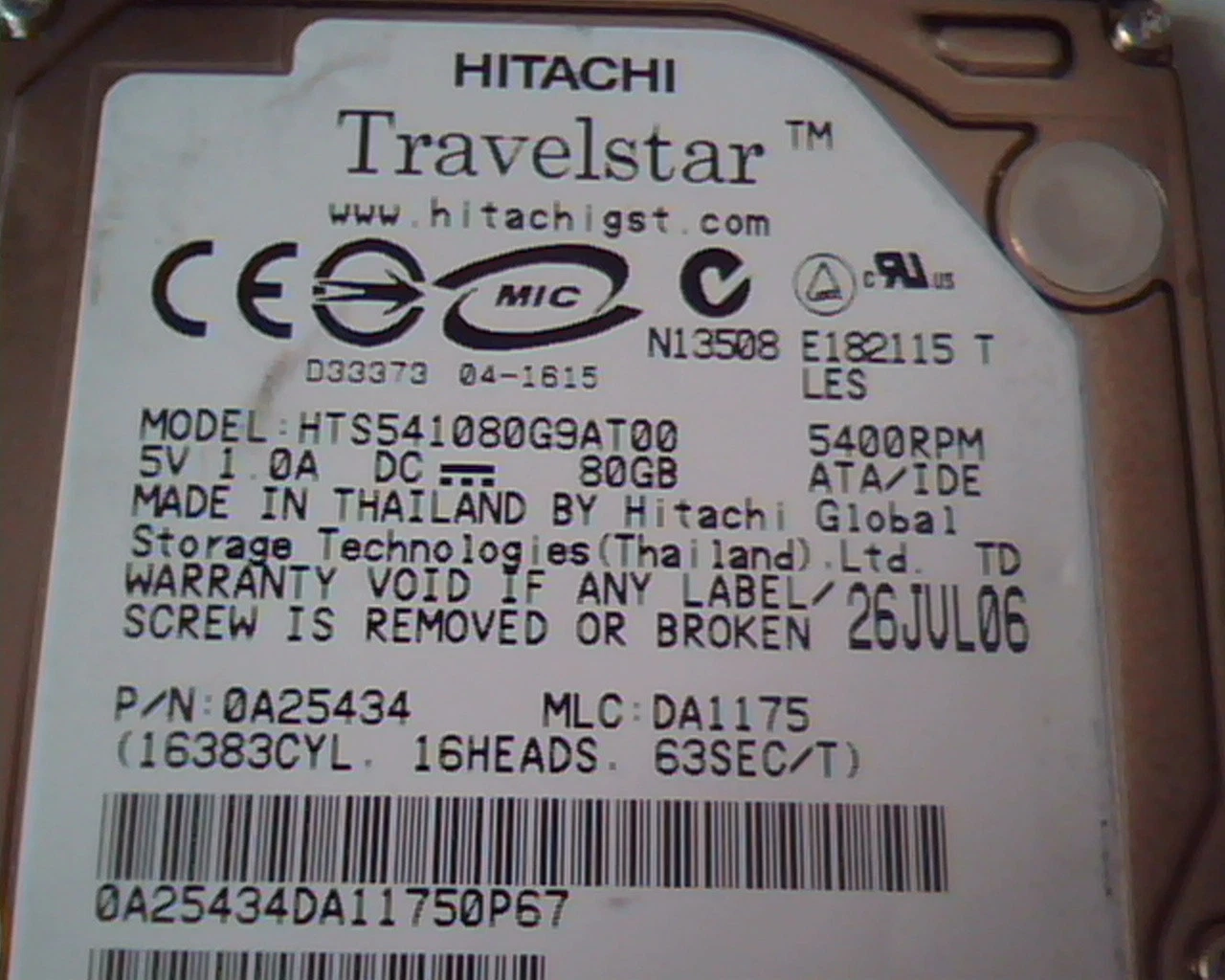 2.5 Hard Disk Drive Hitachi Travelstar HTS541080G9AT00 IDE 80GB 0A25434 DA1175 - image 2