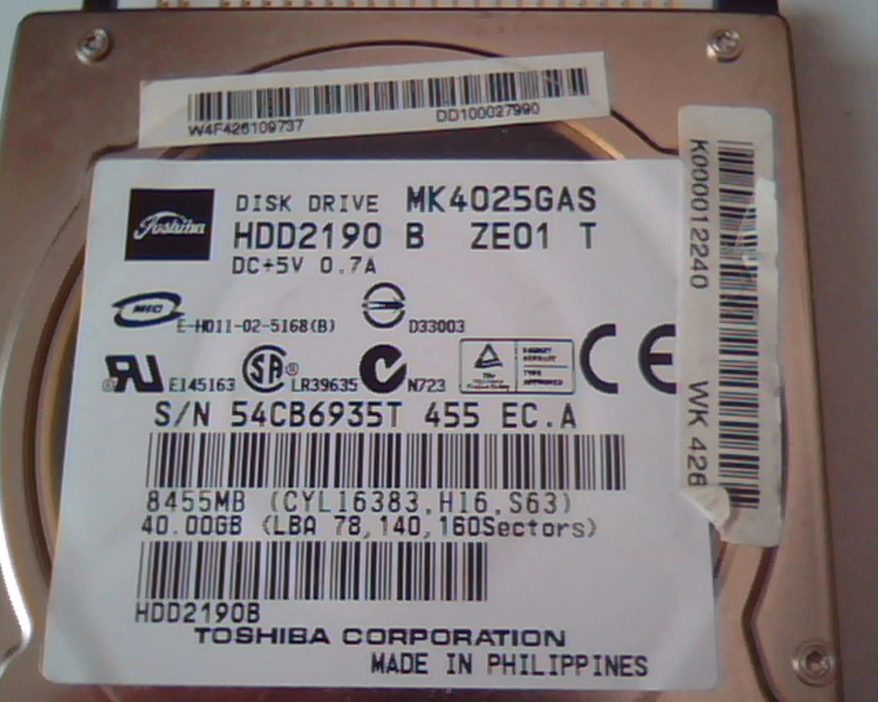 2.5 Hard Disk Drive Toshiba MK4025GAS HDD2190 B 40GB ZE01 T E-H011-02-5168 - image 2