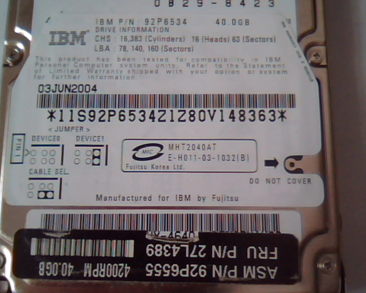 2.5 Hard Disk Drive Fujitsu MHT2040AT YFTN CA06297-B224000B 2004-06 IBM 27L4389 - image 3