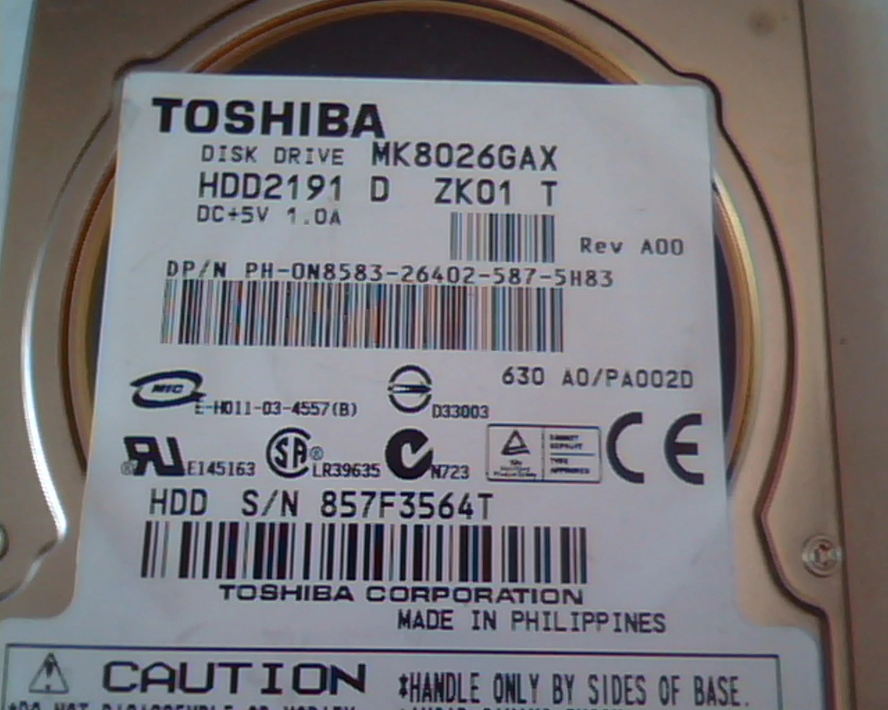2.5 Hard Disk Drive Toshiba MK8026GAX HDD2191 D ZK01 T A00 80GB A00 - image 2