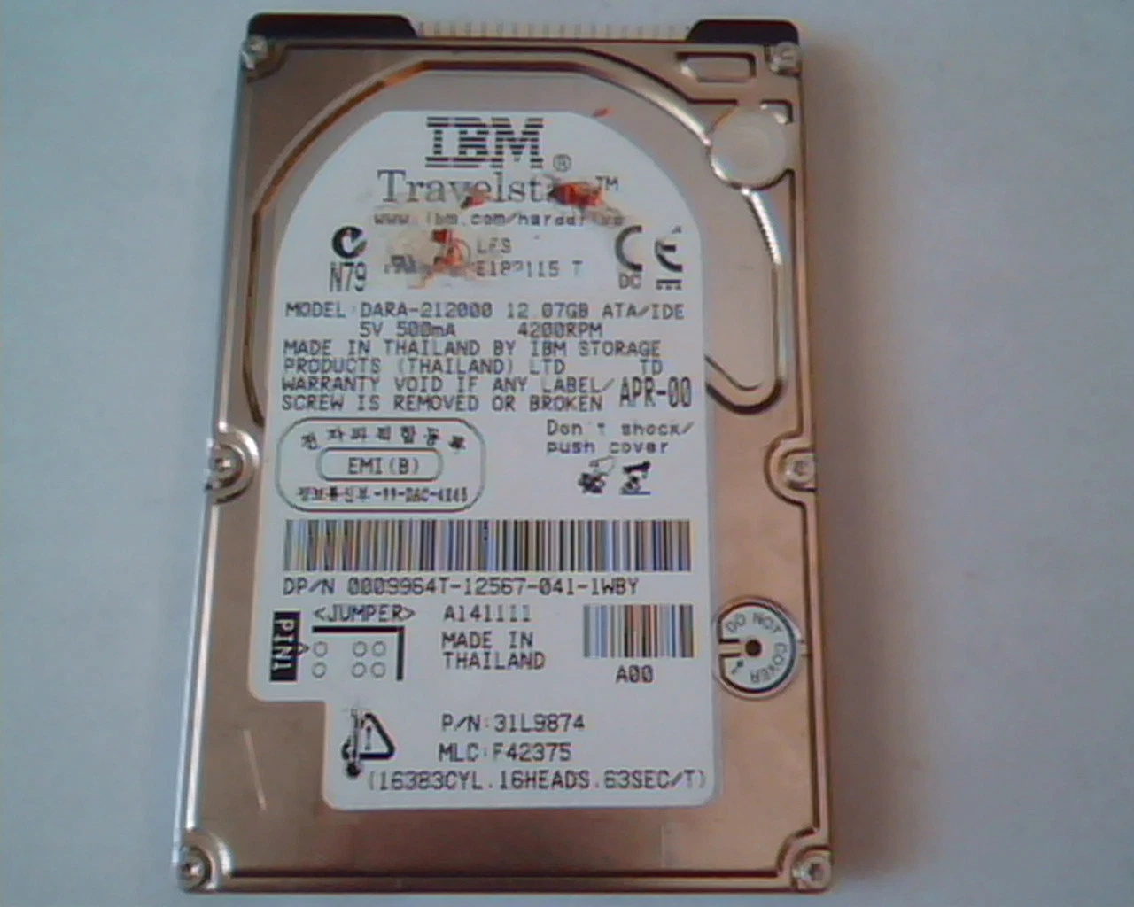2.5 Hard Disk Drive IBM Travelstar DARA-212000 12.07GB IDE APR-00 31L9874 F42375