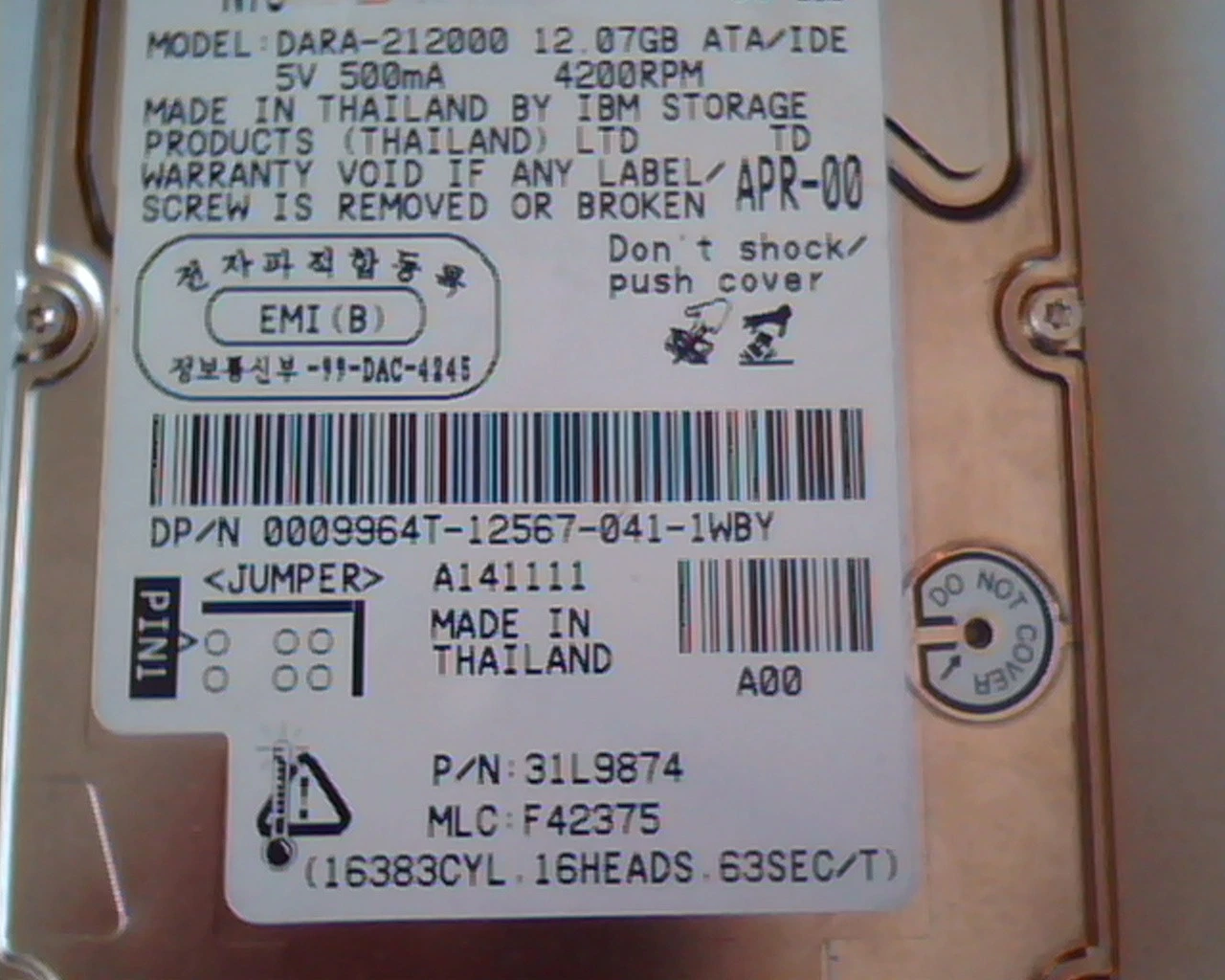 2.5 Hard Disk Drive IBM Travelstar DARA-212000 12.07GB IDE APR-00 31L9874 F42375 - image 3