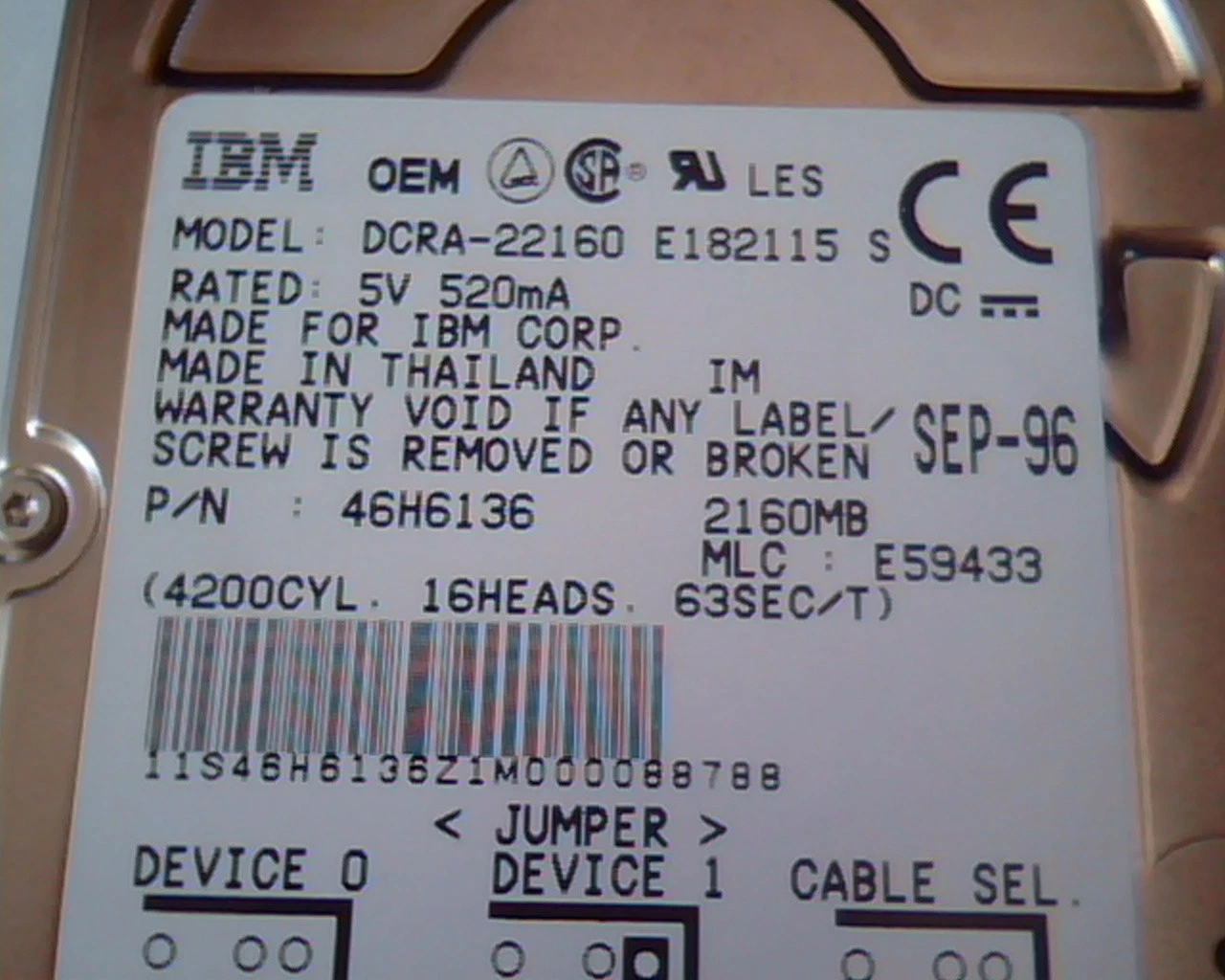 2.5 Hard Disk Drive IBM DCRA-22160 E182115 S 2160MB 46H6136 SEP-96 E59433 - image 2