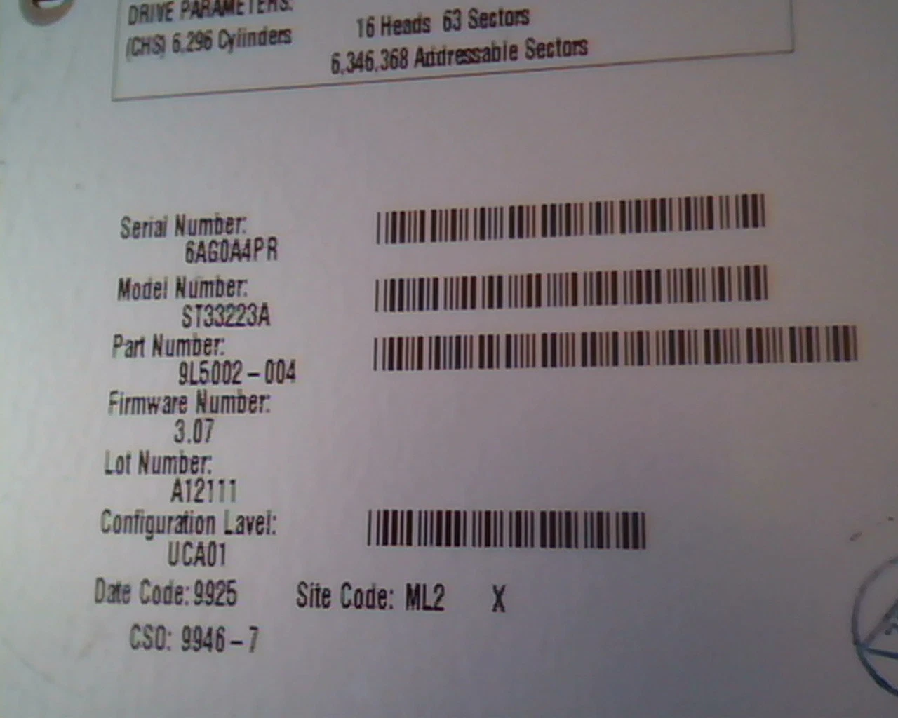 Hard Drive Disk IDE Seagate ST33223A 3.2GB 9L5002-004 3.07 A12111 UCA01 - image 3