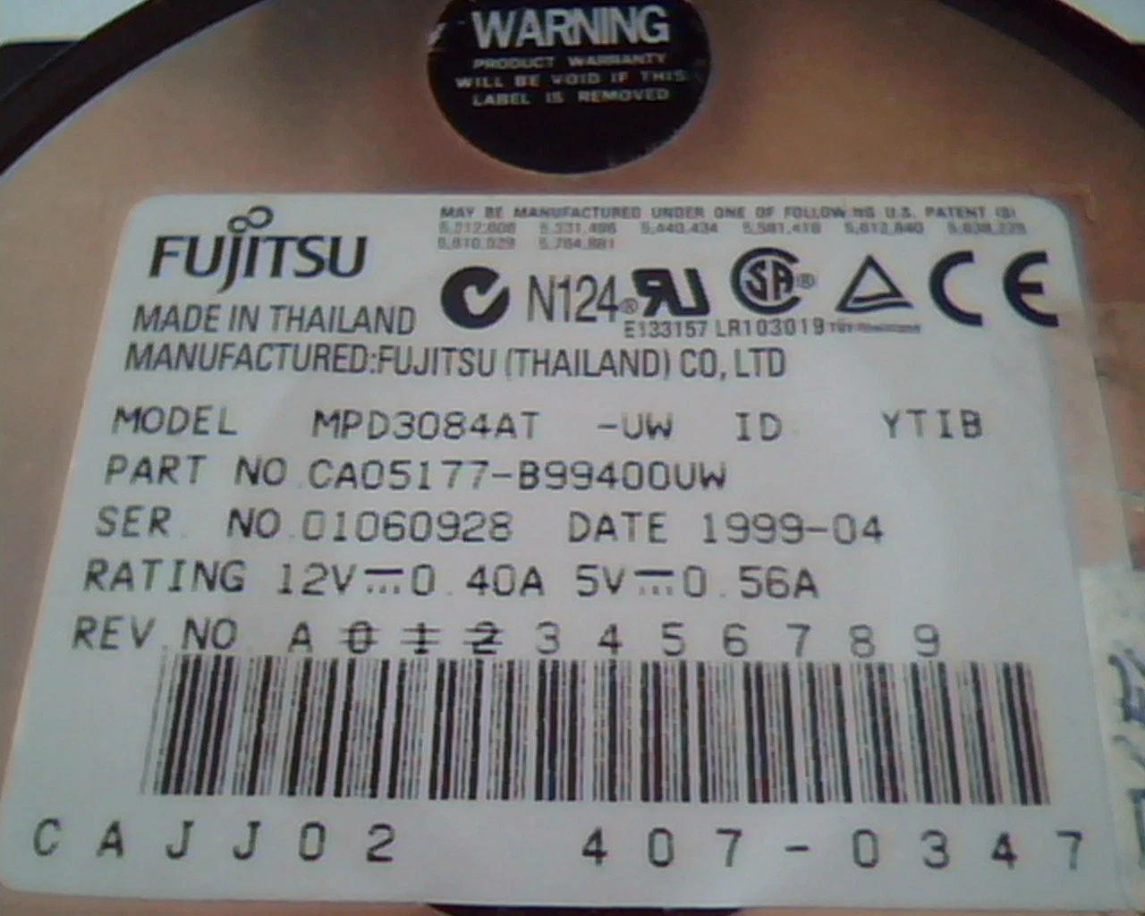 Hard Drive Disk IDE Fujitsu MPD3084AT YTIB CA05177-B99400VW 1999-04 407-0347 - image 2