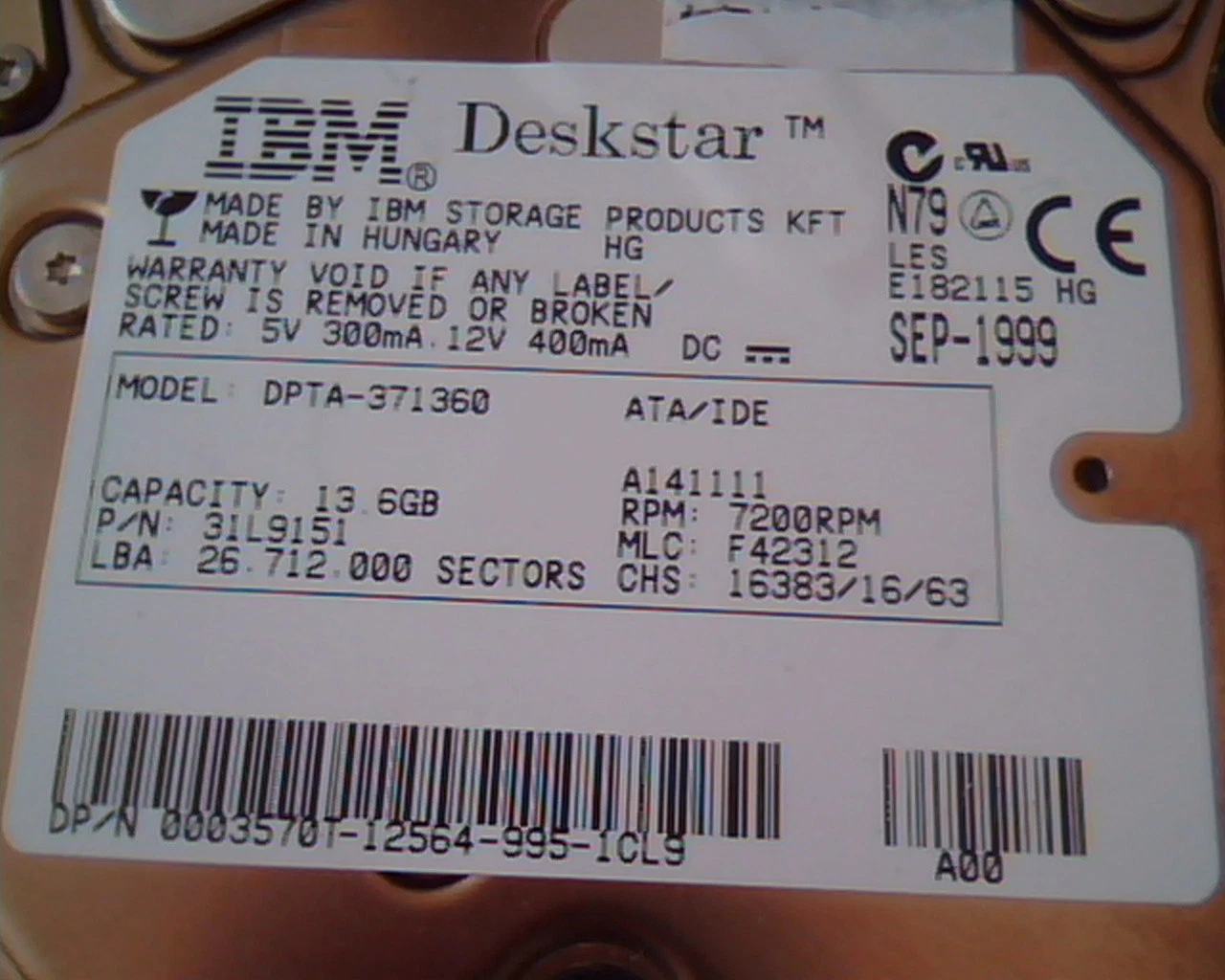 Hard Drive Disk IDE IBM Deskstar DPTA-371360 13.6GB 31L9151 F42312 A141111 SEP - image 2
