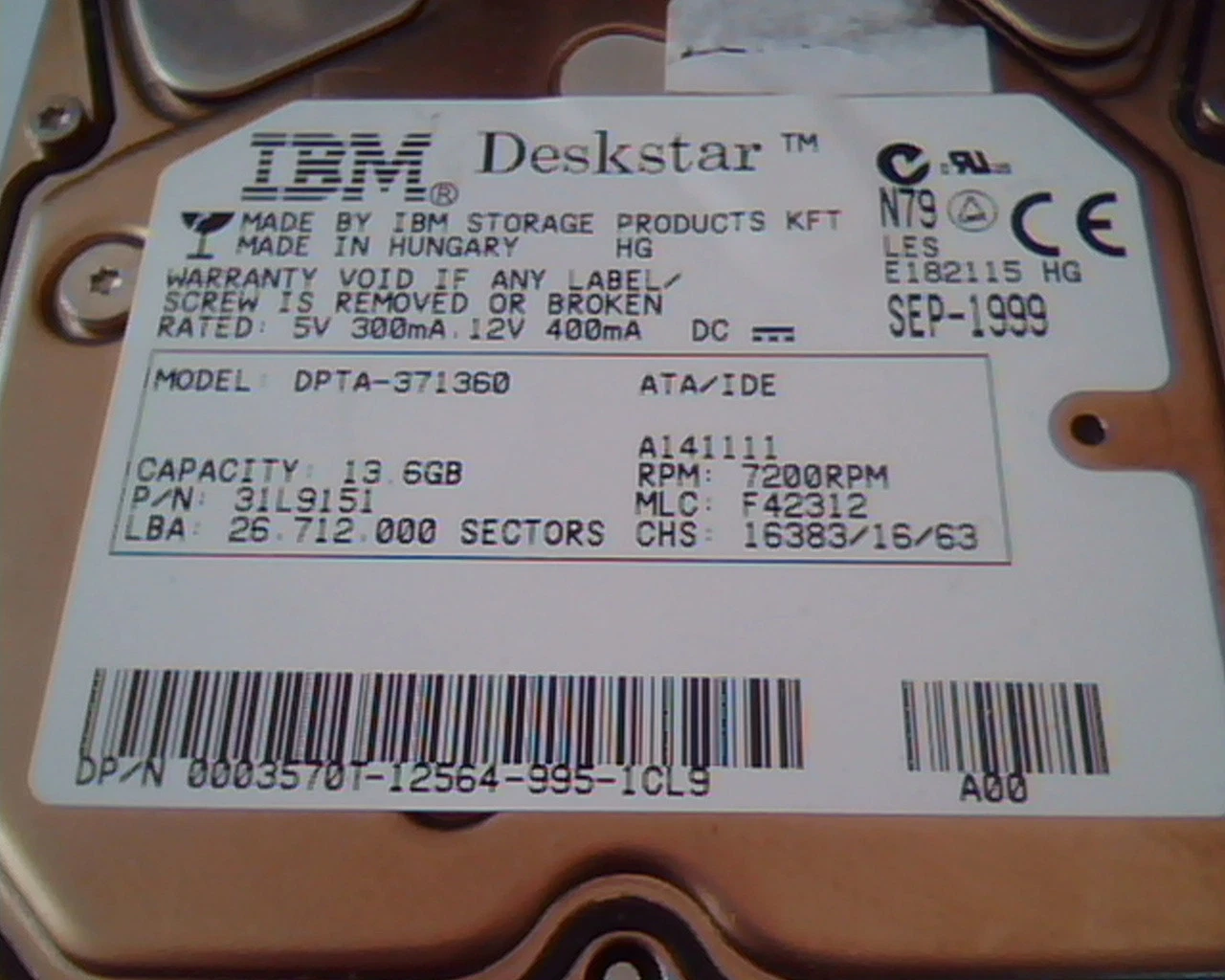 Hard Drive Disk IDE IBM Deskstar DPTA-371360 13.6GB 31L9151 F42312 A141111 SEP - image 3