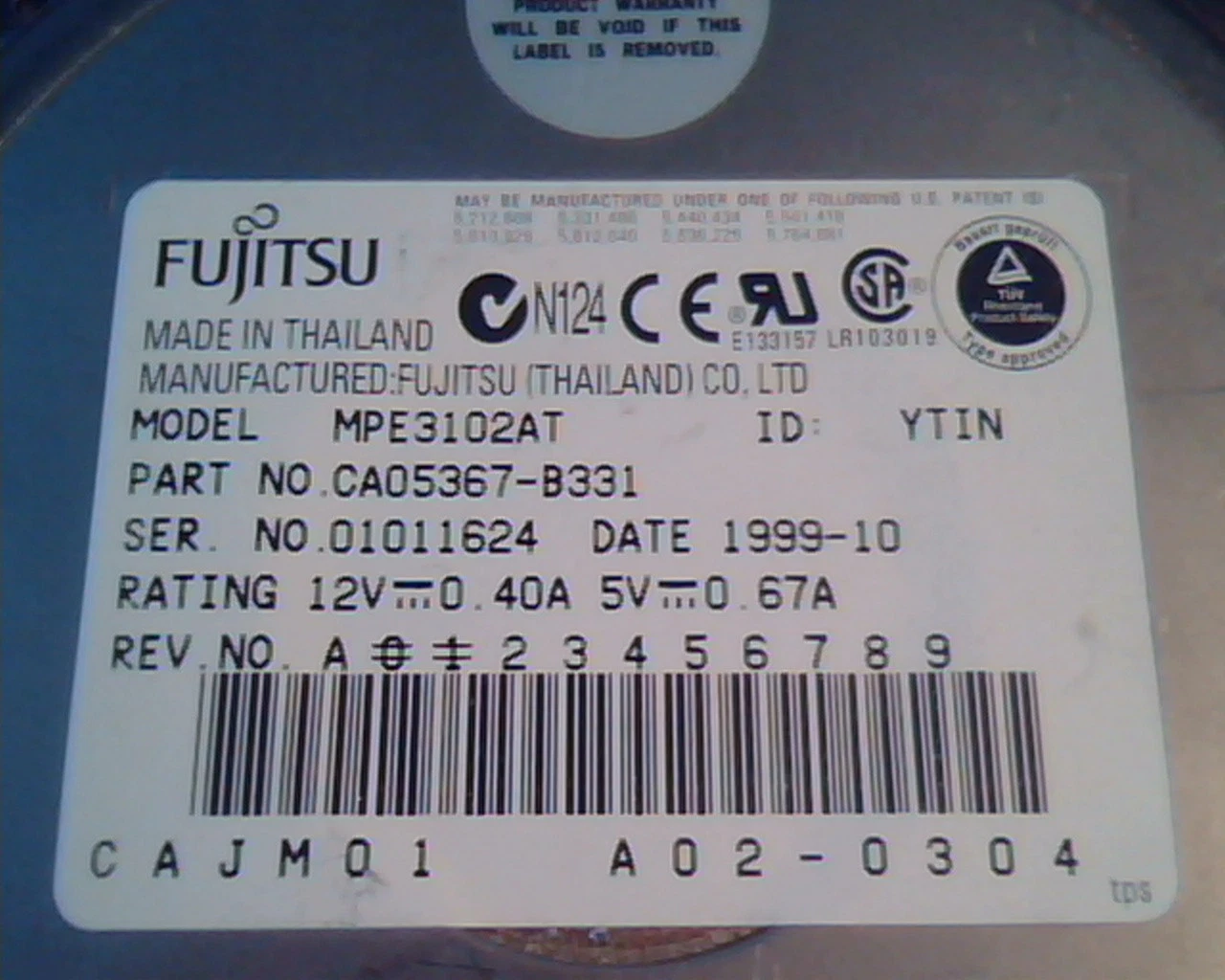 Hard Drive Disk Fujitsu MPE3102AT YTIN CA05367-B331 A02-0304 1999-10 YTIN - image 2