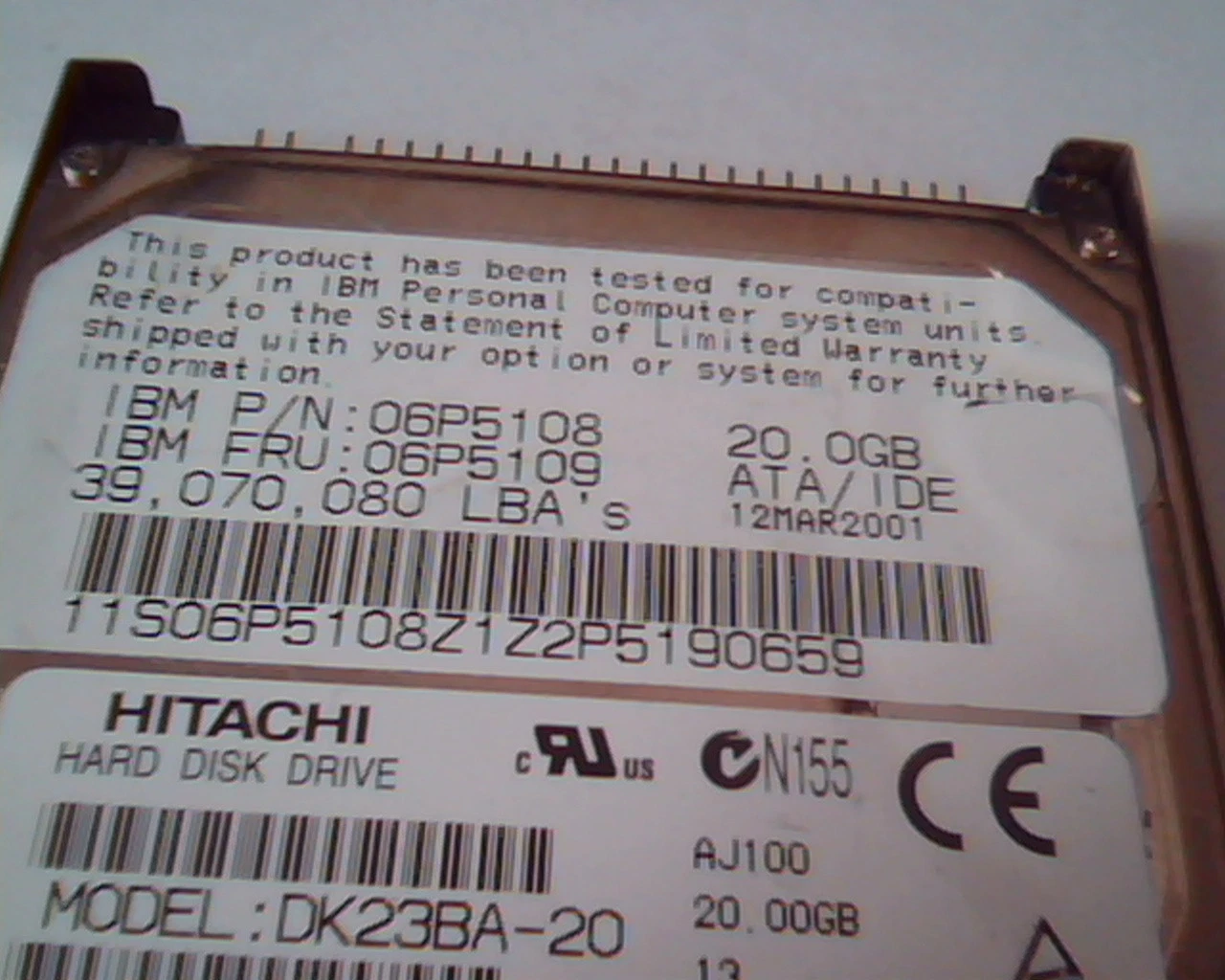 2.5 Hard Disk Drive Hitachi DK23BA-20 20GB 06P5108 IDE 06P5109 12MAR2001 - image 2