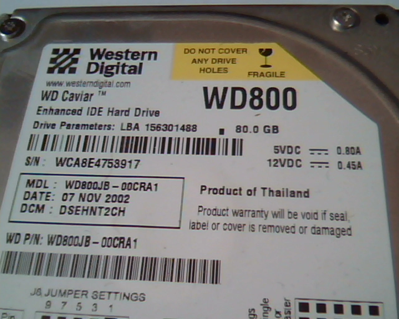 Hard Drive Disk IDE Western Digital WD800 WD800JB-00CRA1 156301488 80GB NOV2002 - image 2