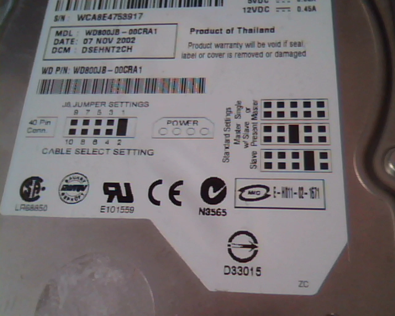 Hard Drive Disk IDE Western Digital WD800 WD800JB-00CRA1 156301488 80GB NOV2002 - image 3