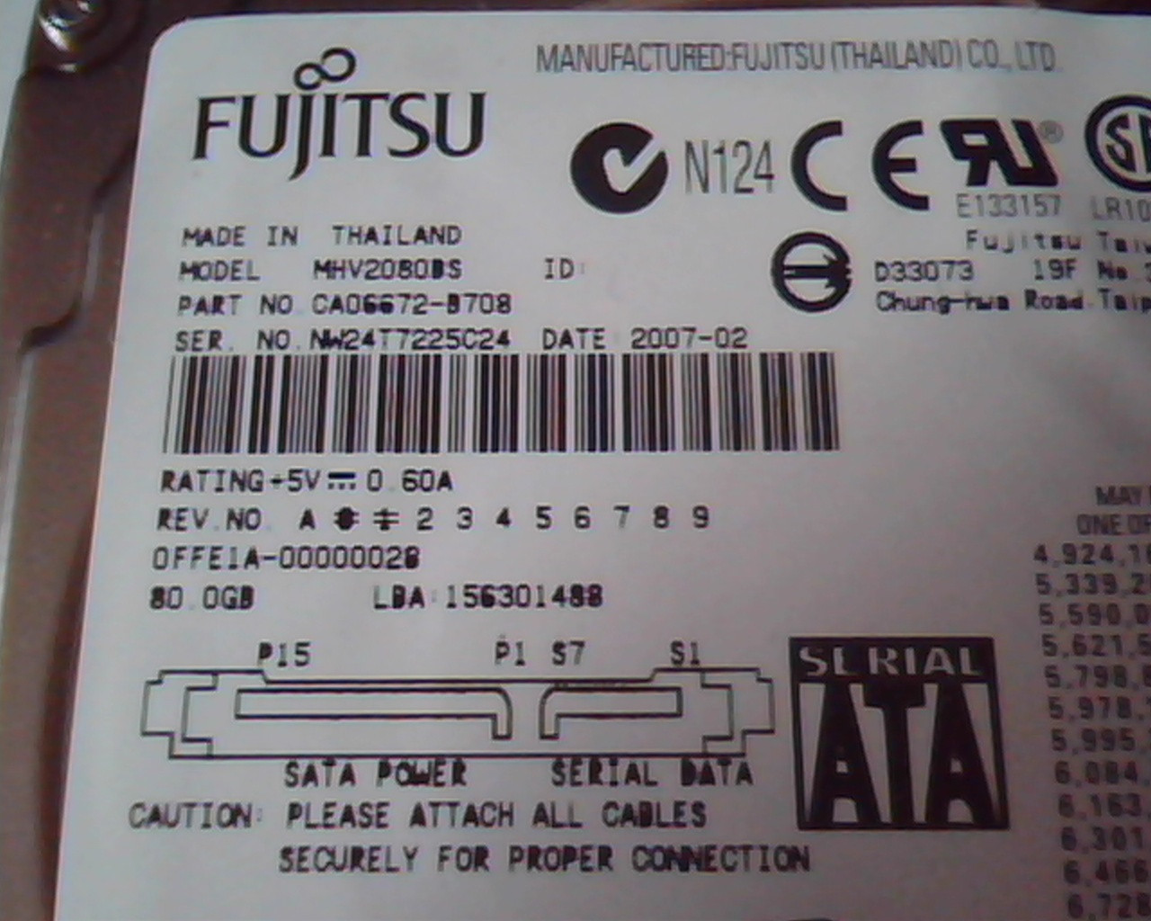 2.5 Hard Disk Drive Fujitsu MHV2080BS CA06672-B708 2007-02 80GB 156301488 SATA - image 3