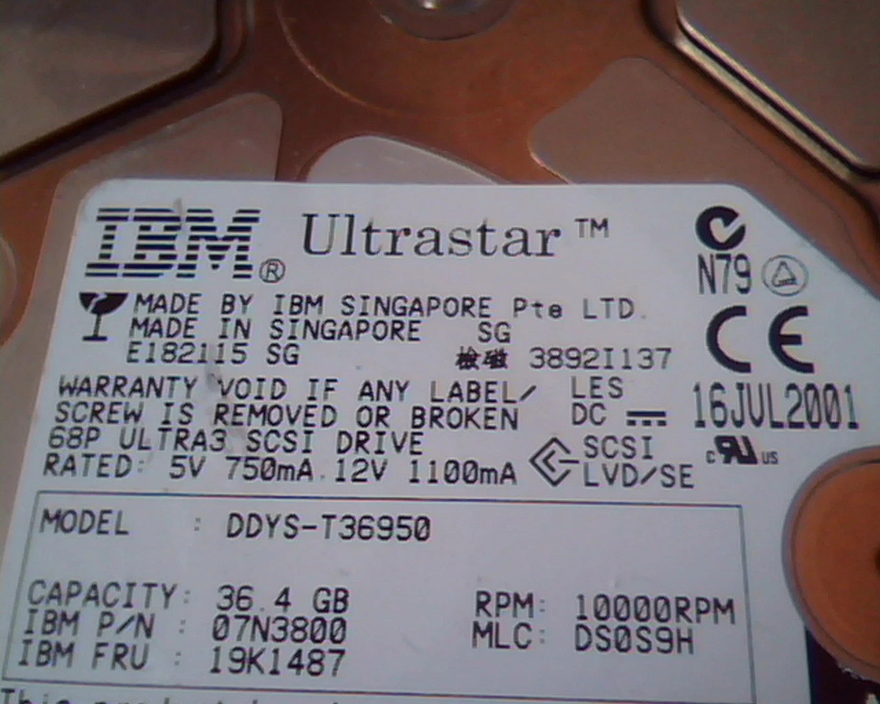 Hard Drive SCSI IBM Ultrastar DDYS-T36950 36.4GB 07N3800 19K1487 16JUL2001 DS0S9 - image 2