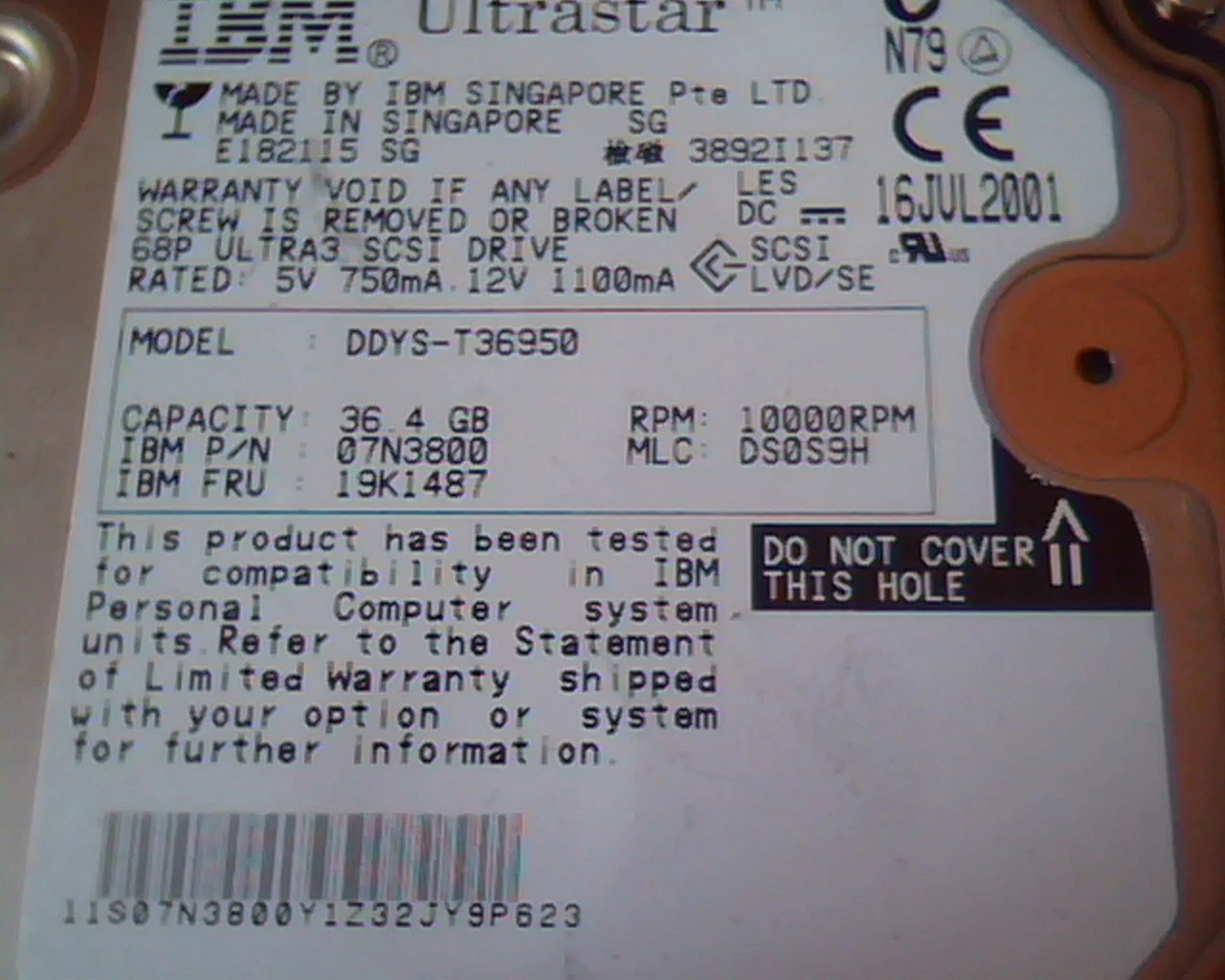Hard Drive SCSI IBM Ultrastar DDYS-T36950 36.4GB 07N3800 19K1487 16JUL2001 DS0S9 - image 3