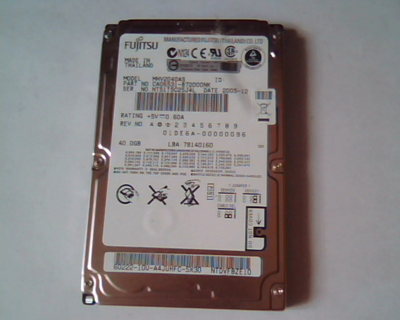 2.5 Hard Disk Drive Fujitsu MHV2040AS CA6531-B72000NK 2005-12 40GB78140160