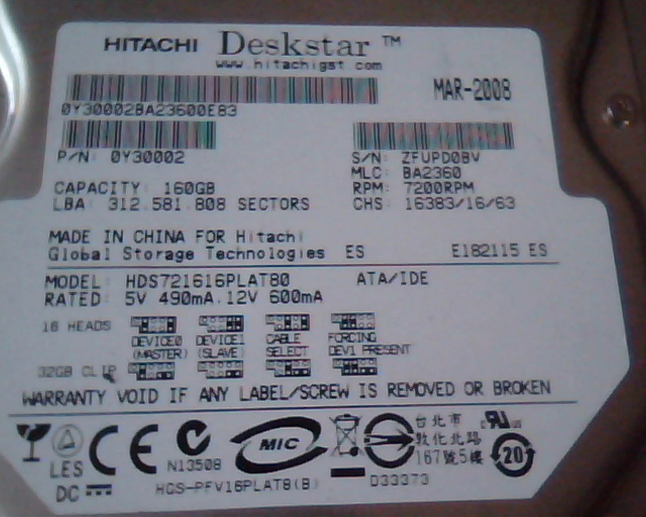 Hard Drive Disk IDE Hitachi Deskstar 0Y30002 NDS721616PLAT80 BA2360 MAR-2008 - image 2